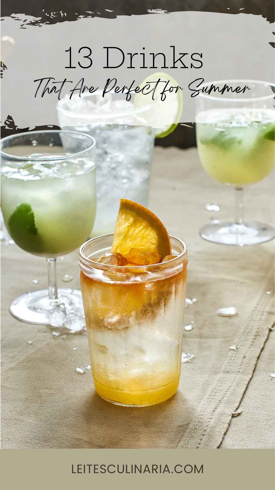 Several glasses of flavored soda garnished with orange and lime.