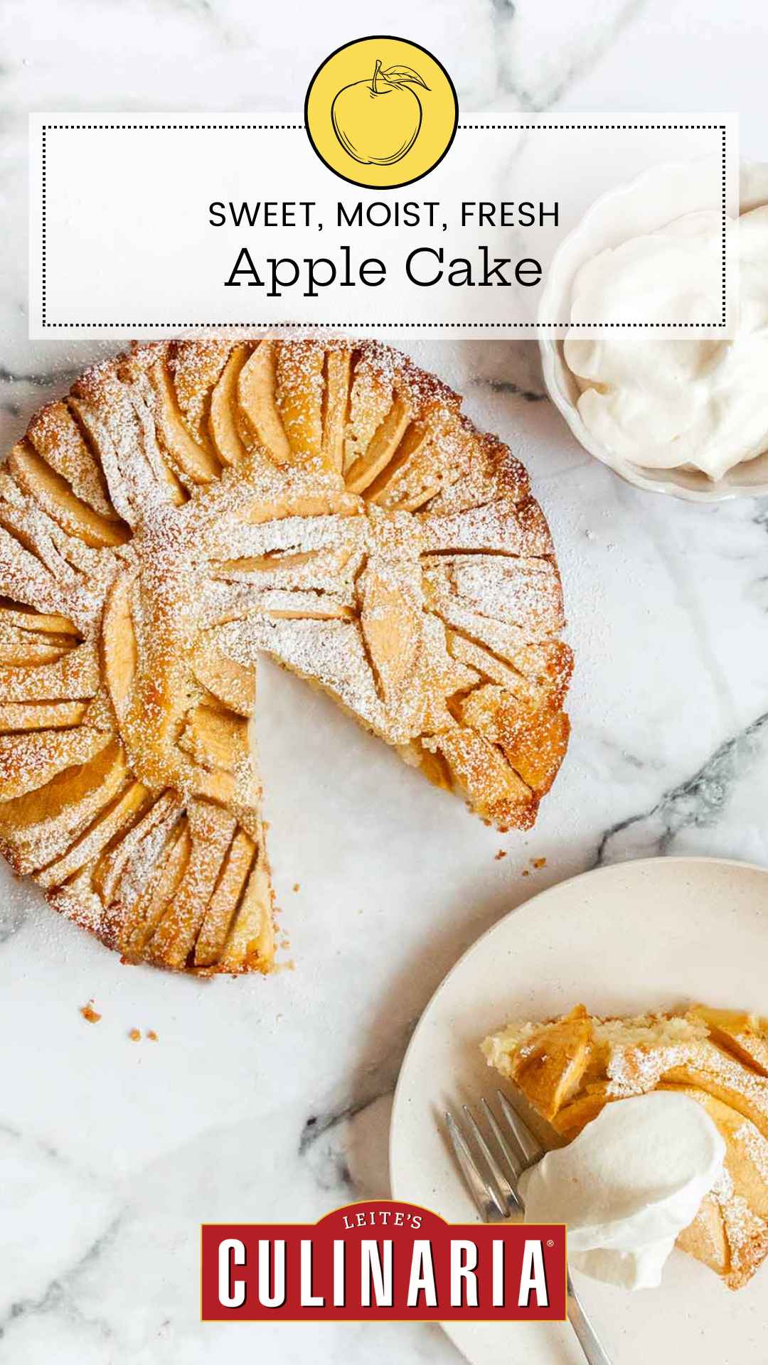 A whole apple cake with a slice cut from it on a plate nearby.