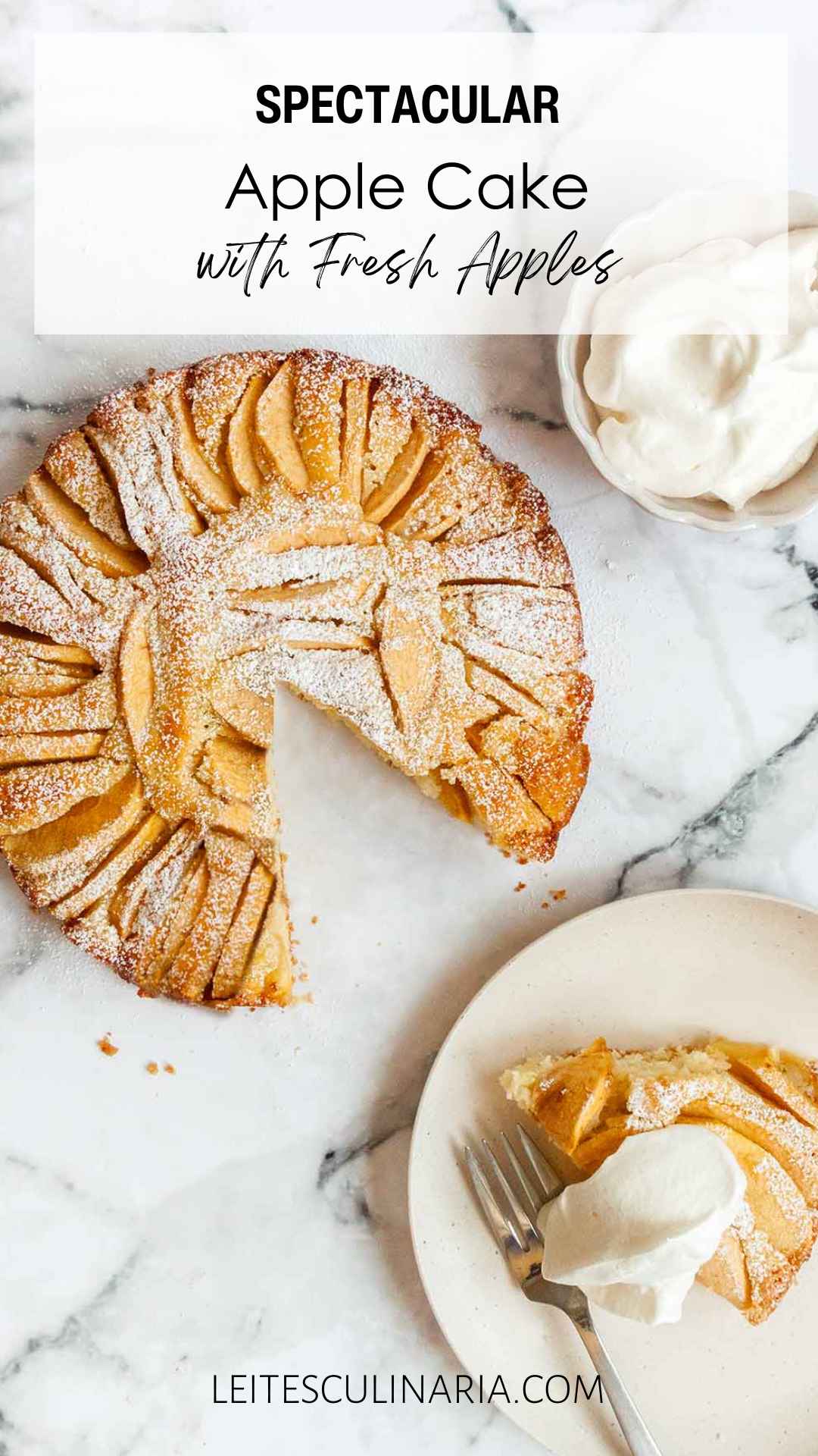 A whole apple cake with a slice cut from it on a plate nearby.