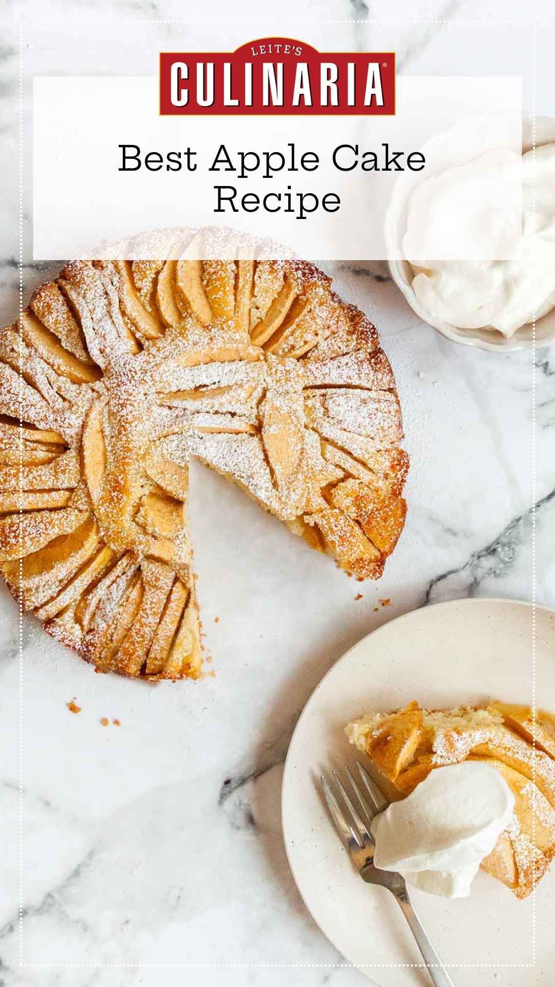 A whole apple cake with a slice cut from it on a plate nearby.