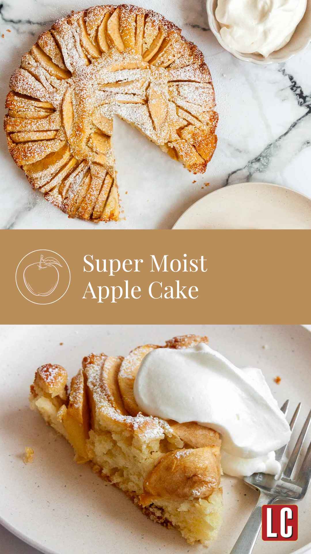 A whole apple cake with a slice cut from it on a plate nearby and a slice of apple cake topped with whipped cream.