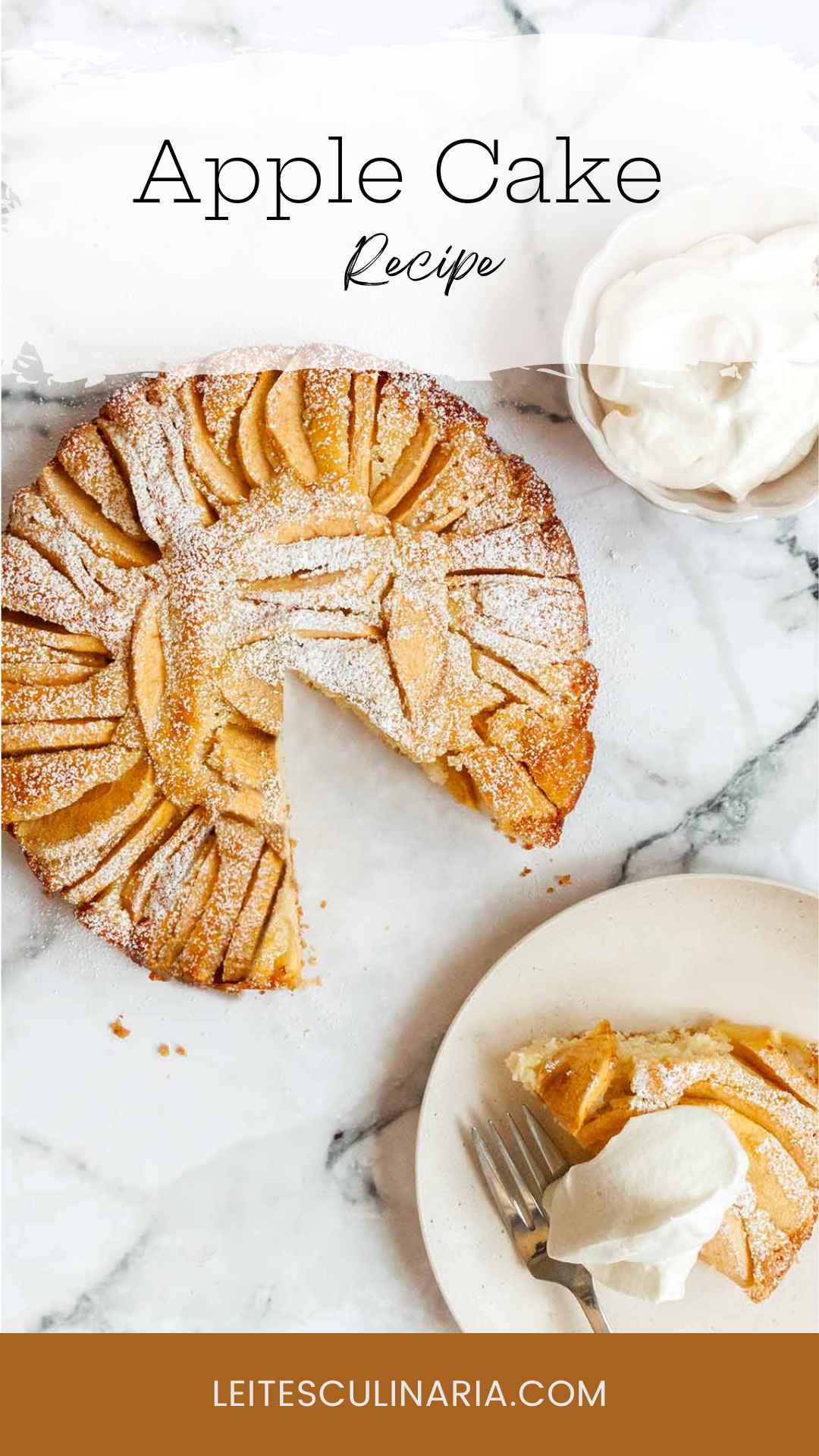 A whole apple cake with a slice cut from it on a plate nearby.