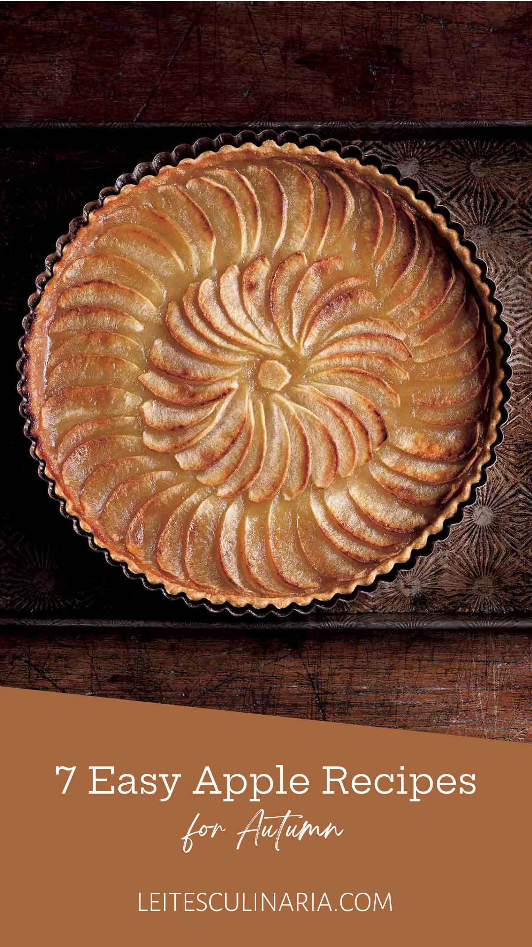 An apple tart with the slices arranged in concentric circles.