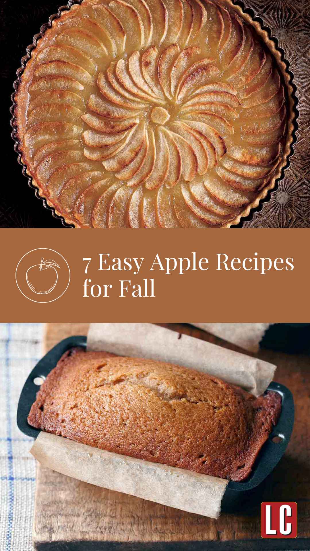 Two loaves of applesauce bread in baking tins and a apple tart.