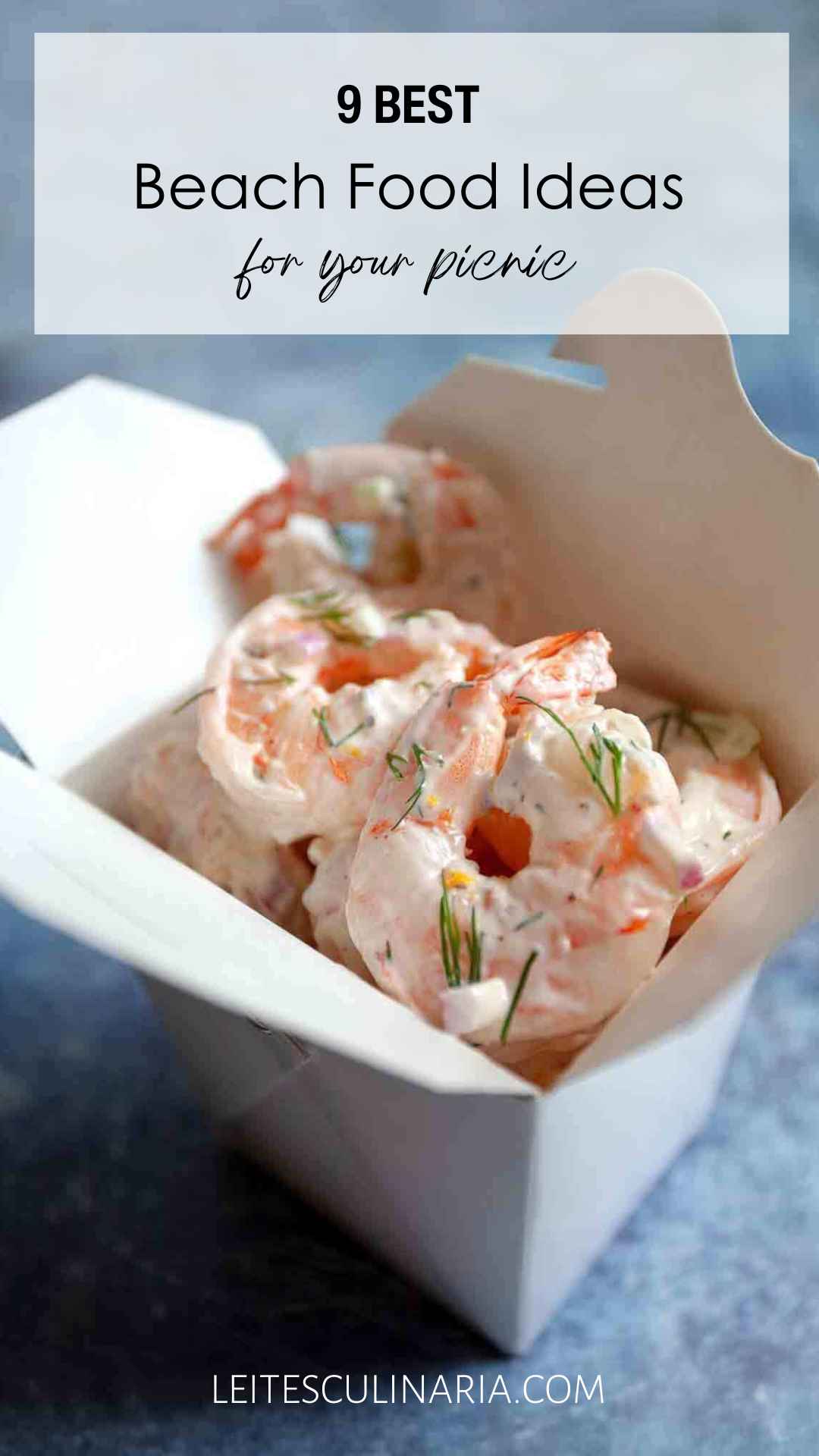 A white takeout container filled with shrimp salad.