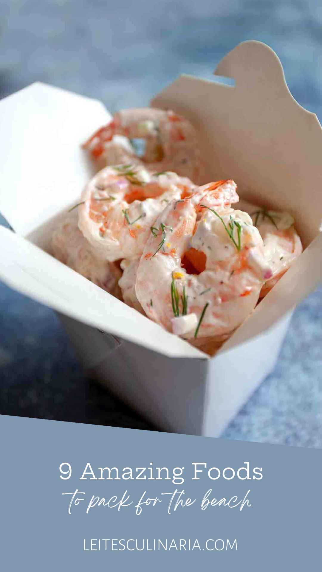 A white takeout container filled with shrimp salad.