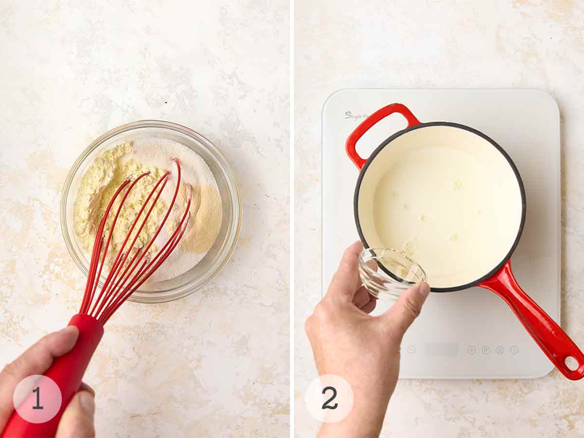 A person whisking dry ingredients in a bowl; corn syrup being added to a saucepan of milk.