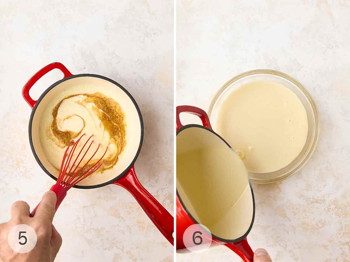 A person whisking vanilla into ice cream custard; the custard being poured into a bowl.