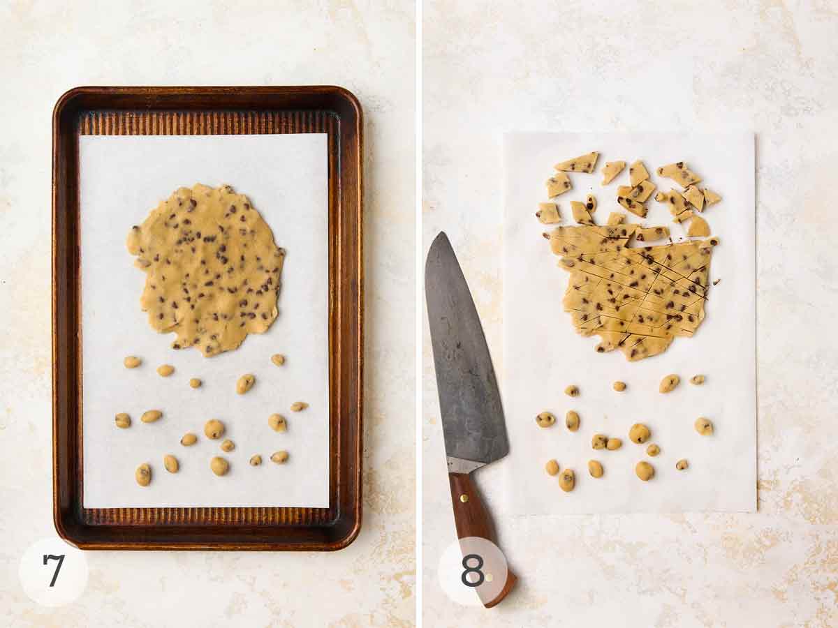 Cookie dough on a baking sheet with several small rolled balls of dough; cookie dough scored into small pieces on a sheet of parchment.