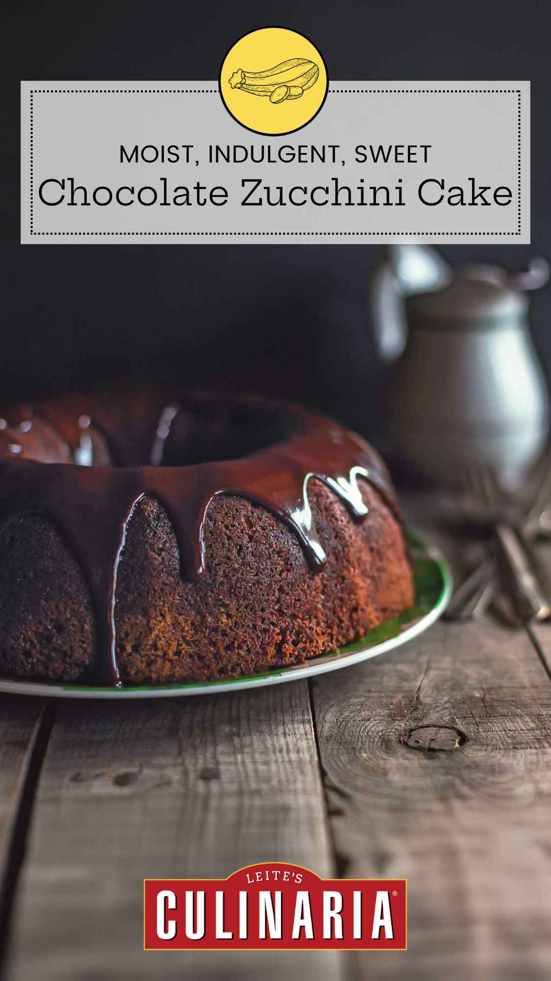 A chocolate zucchini bundt cake topped with chocolate ganache.