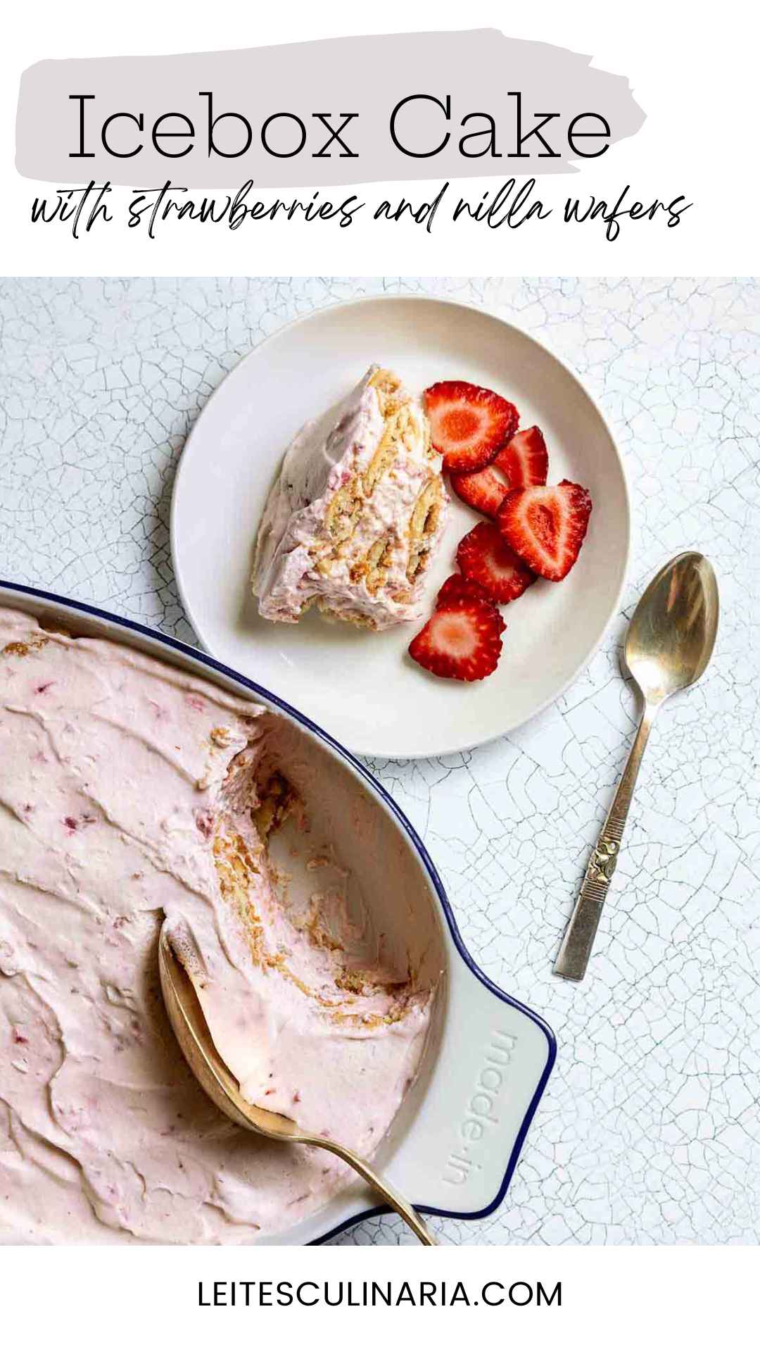 A oval dish filled with strawberry icebox cake with a serving on a plate next to it.