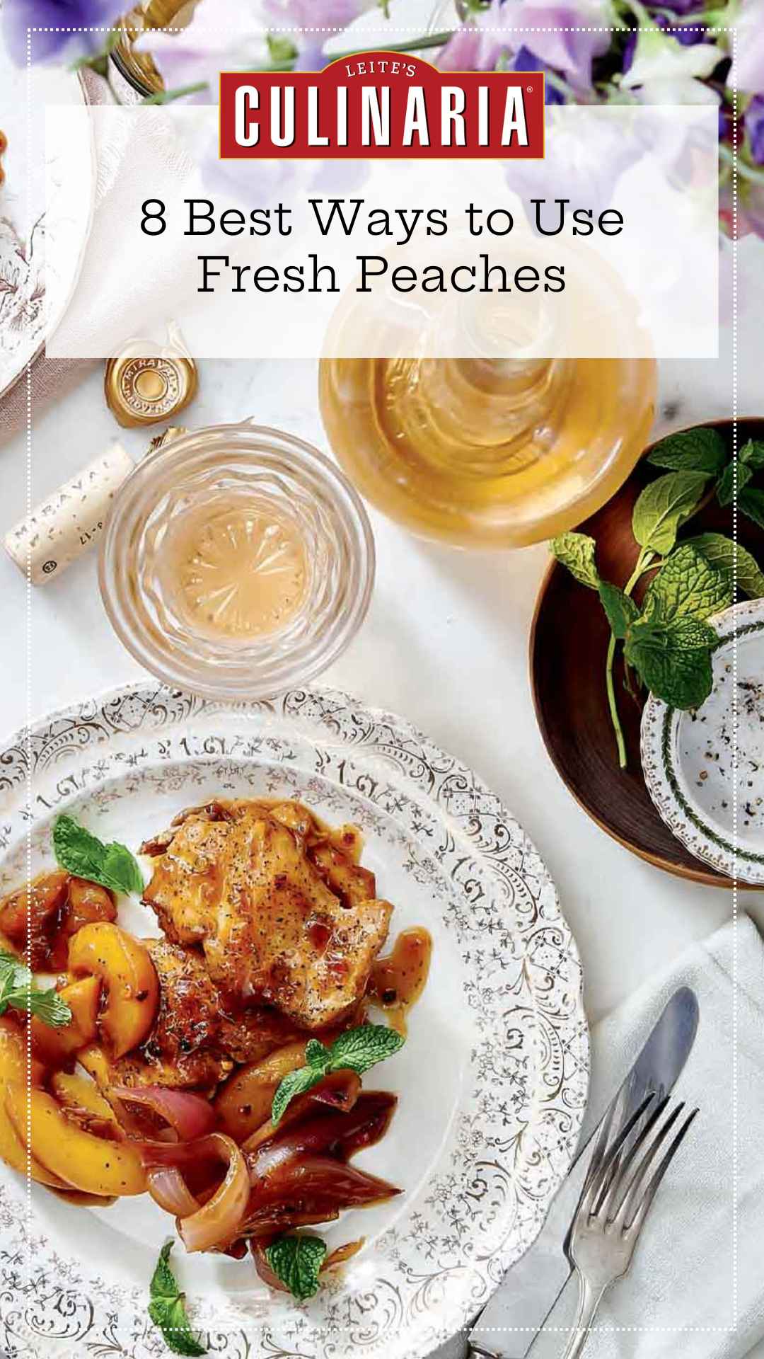Chicken thighs and peaches on a plate with white wine, mint sprigs, and salt and pepper nearby.