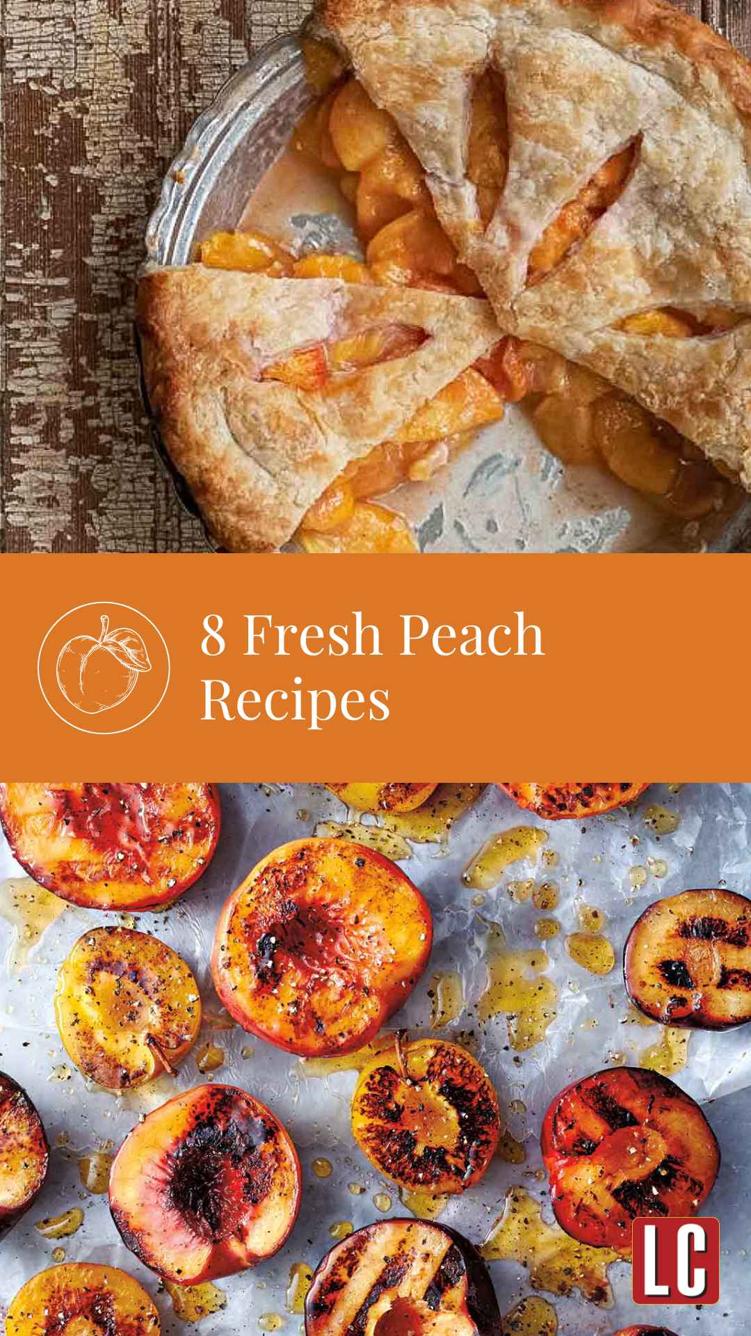 A fresh peach pie with a few slices missing and grilled peach halves on a sheet of wax paper.