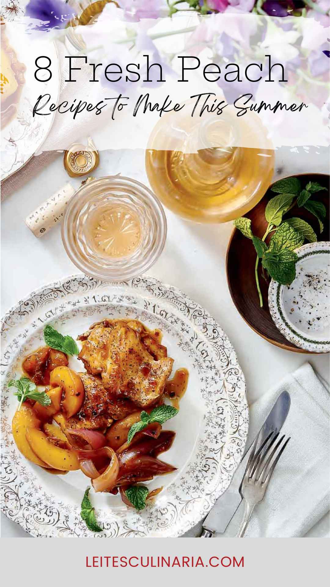 Chicken thighs and peaches on a plate with white wine, mint sprigs, and salt and pepper nearby.