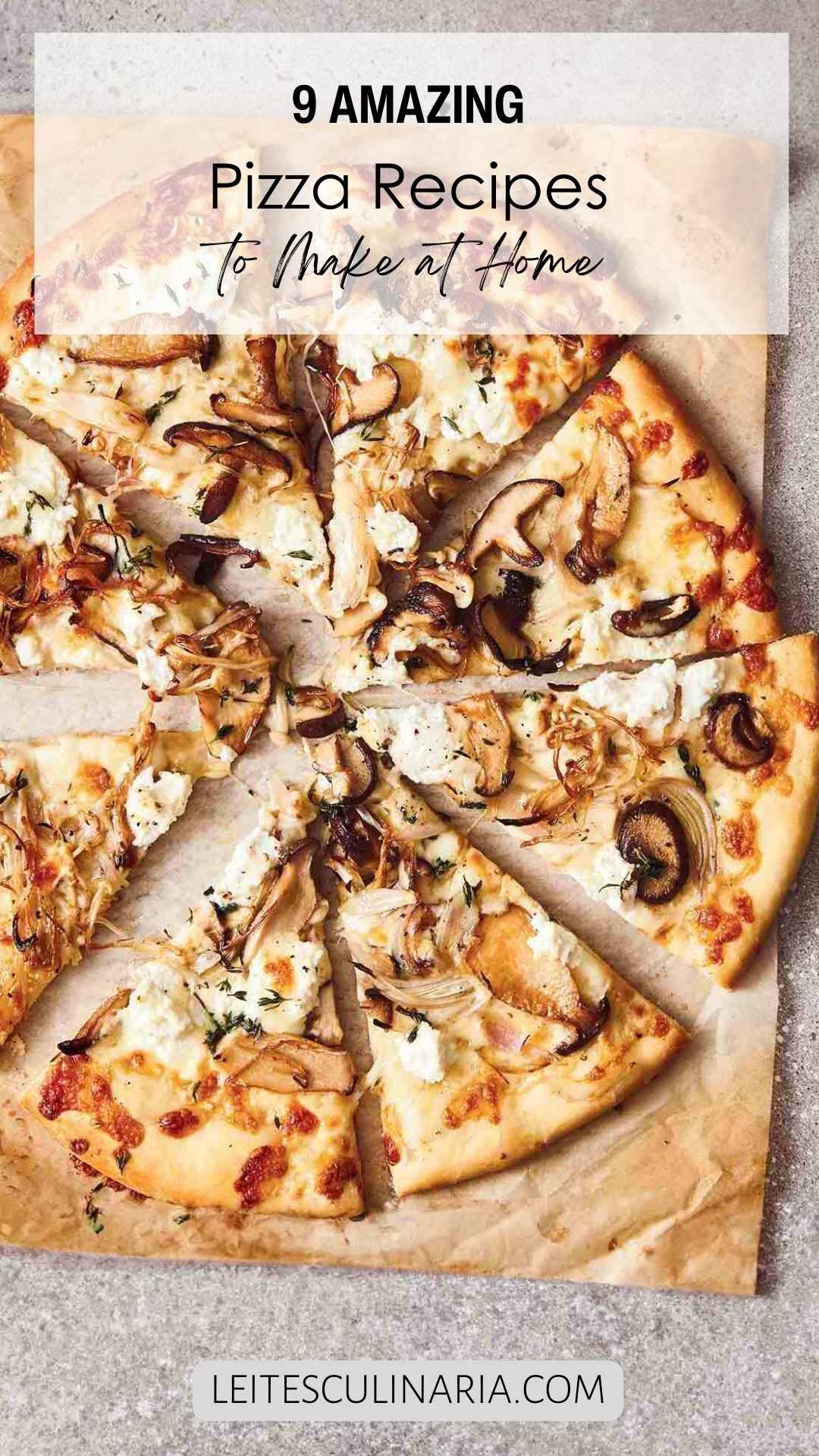 A mushroom pizza cut into eight slices.