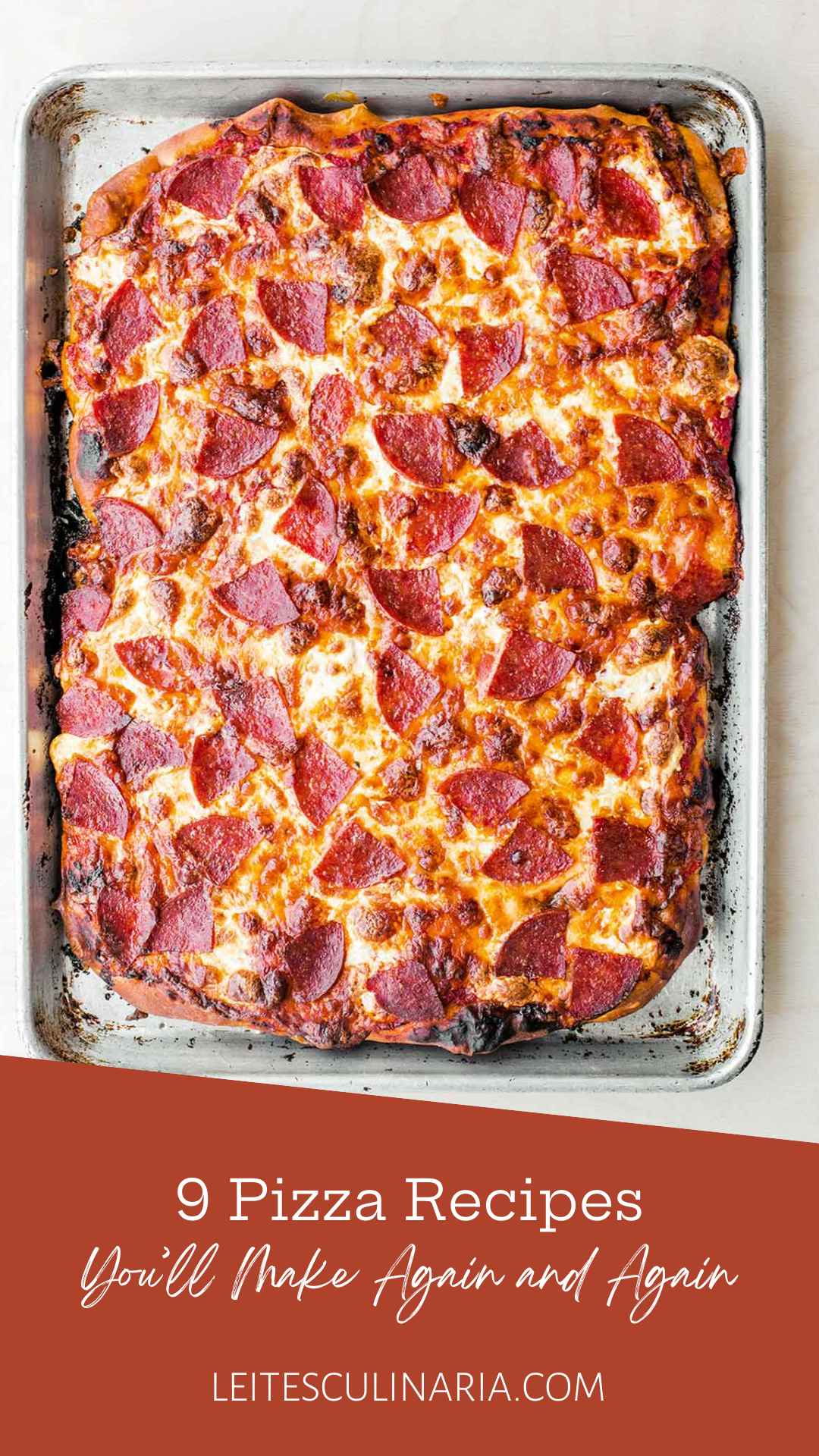 A rectangular sheet pan pepperoni pizza.