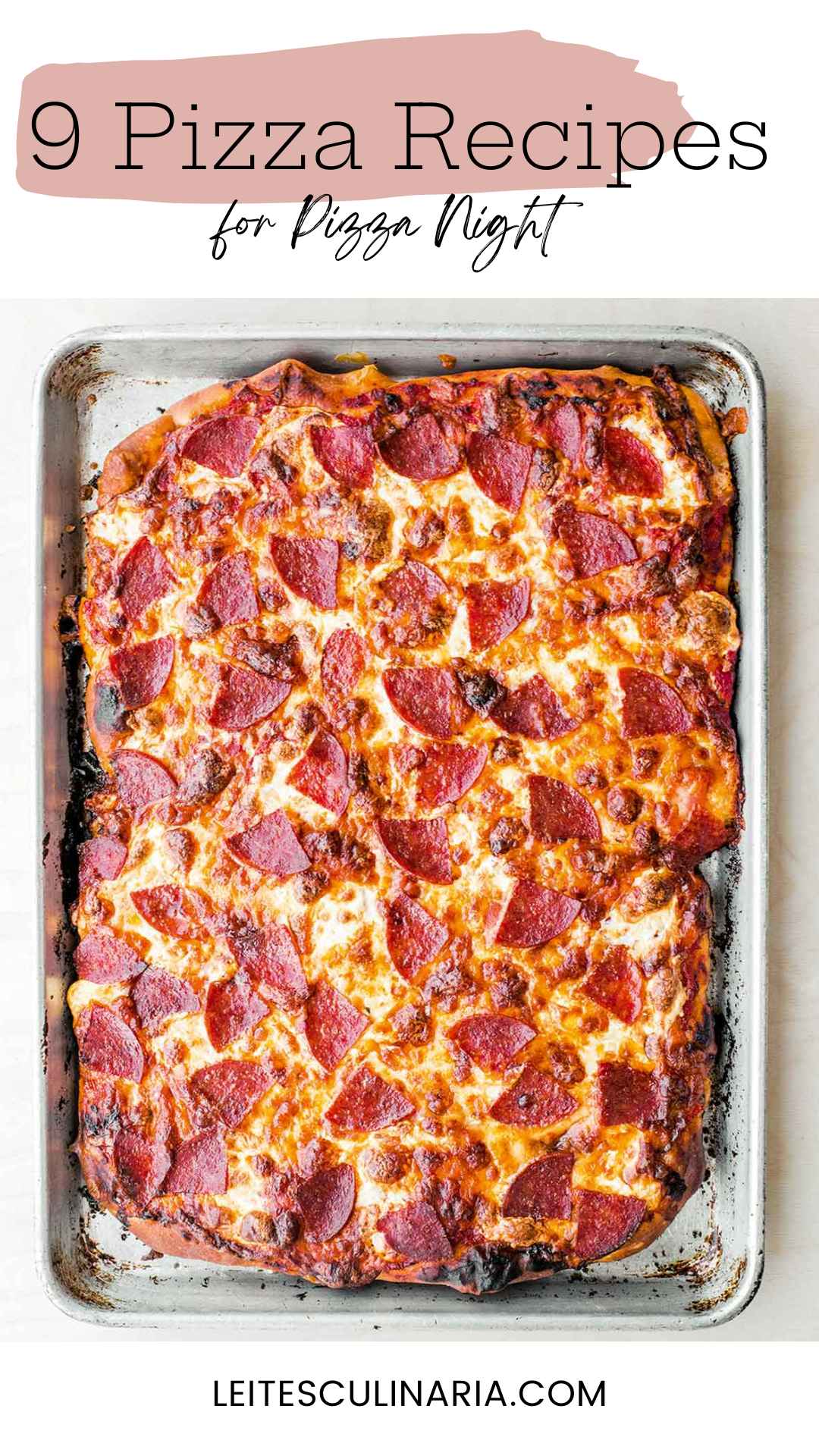 A rectangular sheet pan pepperoni pizza.