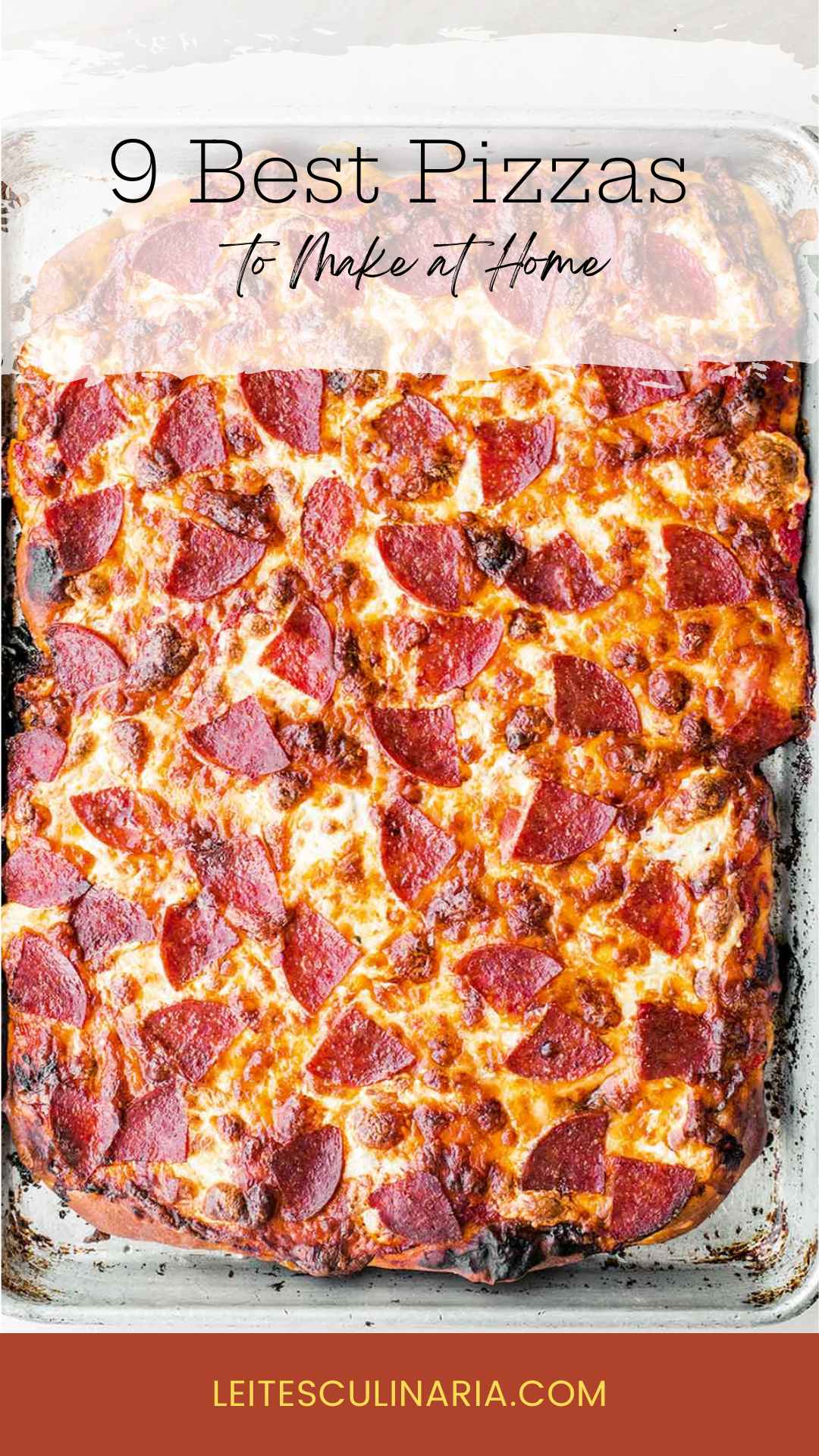 A rectangular sheet pan pepperoni pizza.