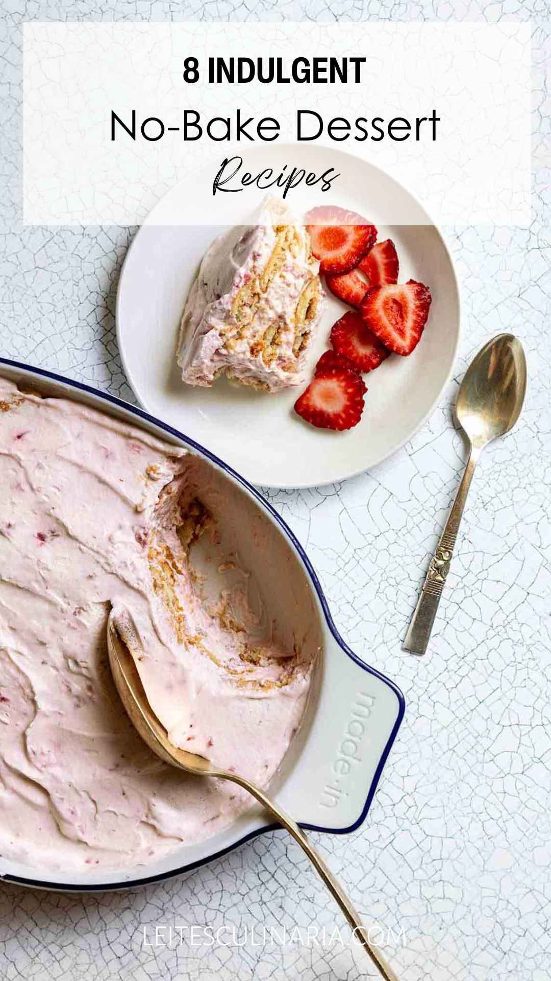 A strawberry icebox cake with a serving scooped out and placed on a nearby plate.