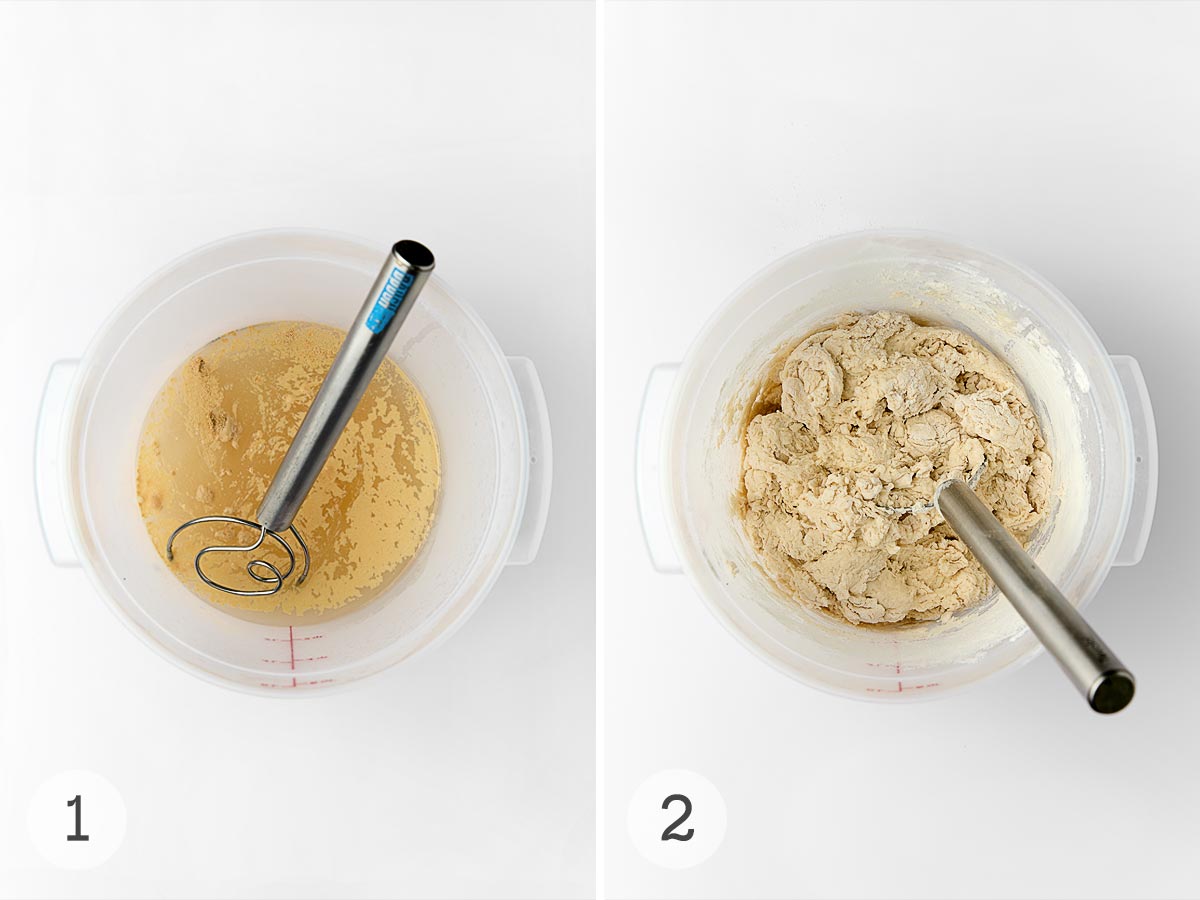 A dough whisk resting inside a container of water and yeast; shaggy bread dough in the same container.