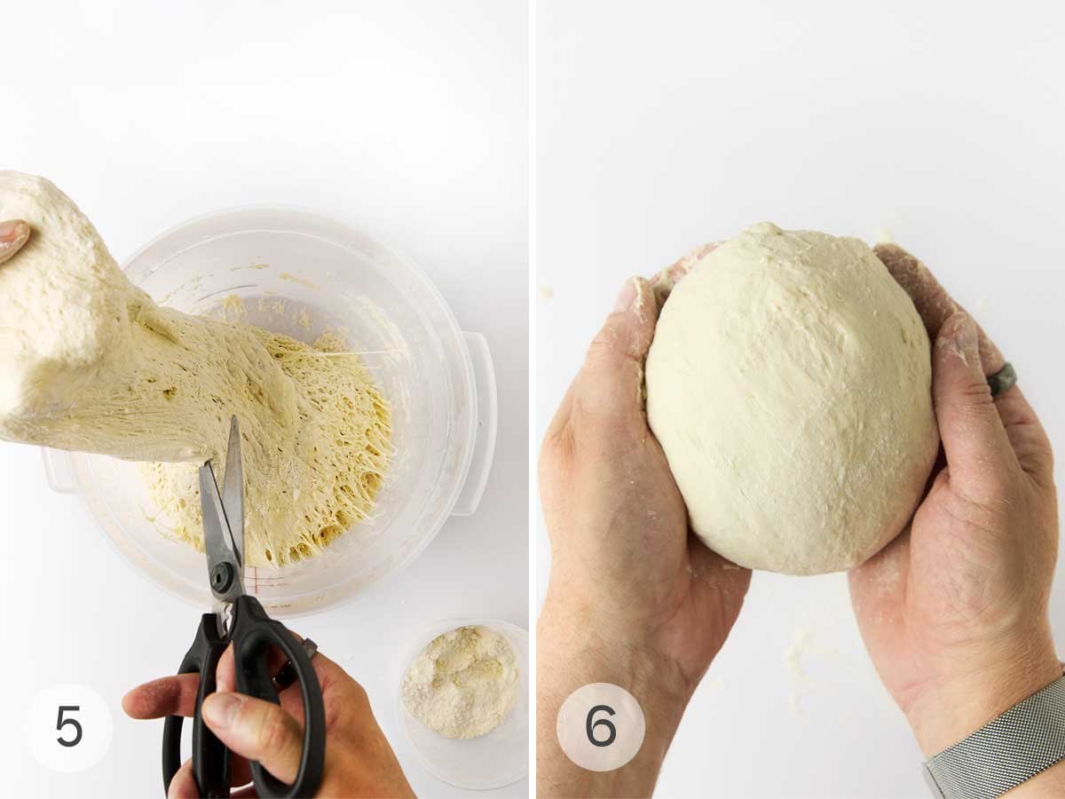 Dough being cut from a container of bread dough and a person shaping the dough into a ball.