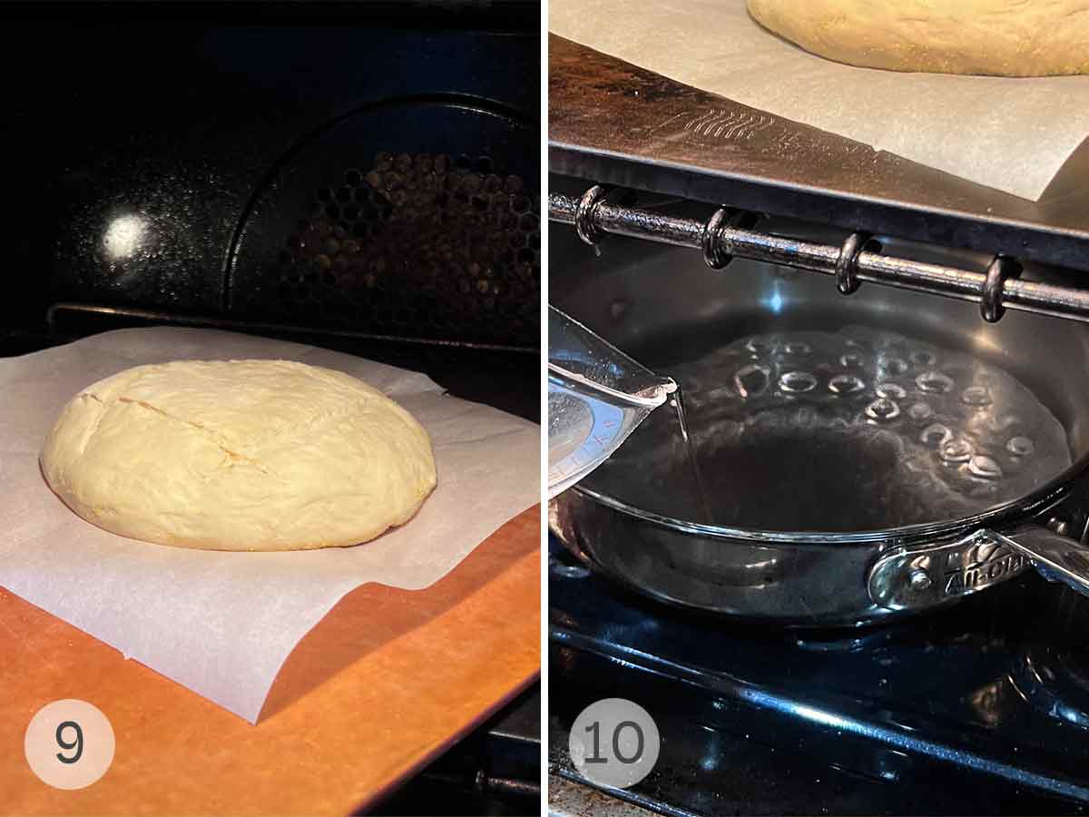A loaf of no-knead bread being placed in the oven and water being added to a skillet inside the oven.