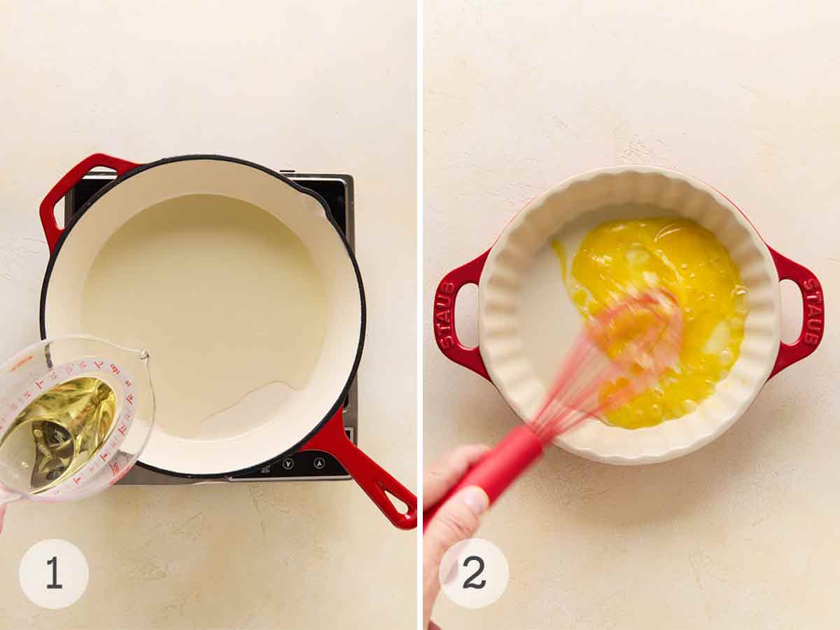 A person's hand pouring oil into a skillet; a person's hand whisking egg in a pie plate.