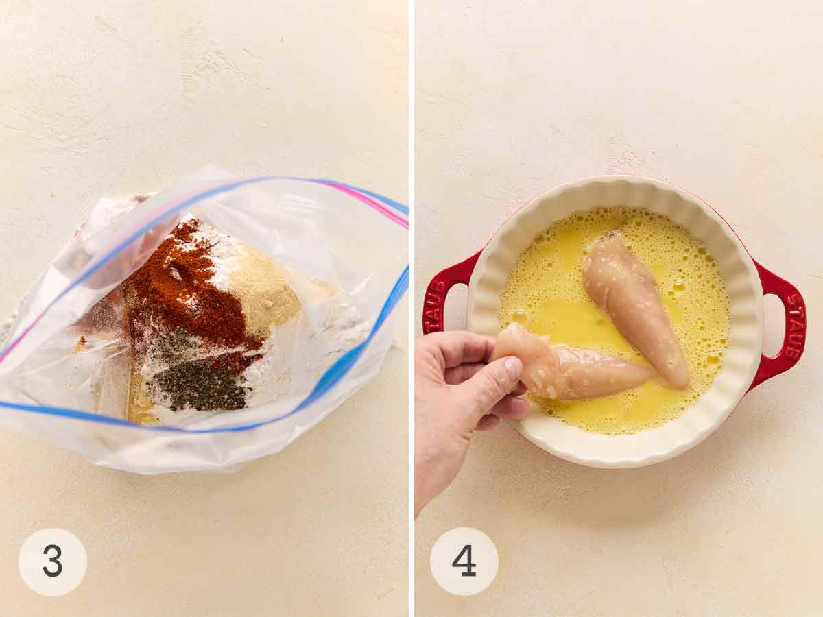 A plastic bag of flour, paprika, garlic and onion powder, salt, and pepper; a person dunking two chicken tenders into an egg wash.
