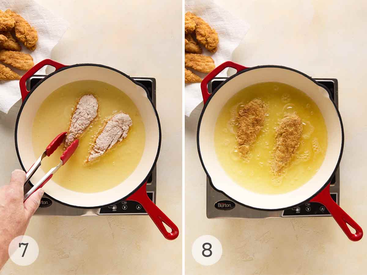 A person frying chicken tenders in a skillet; the chicken tenders turned over to cook the other side.