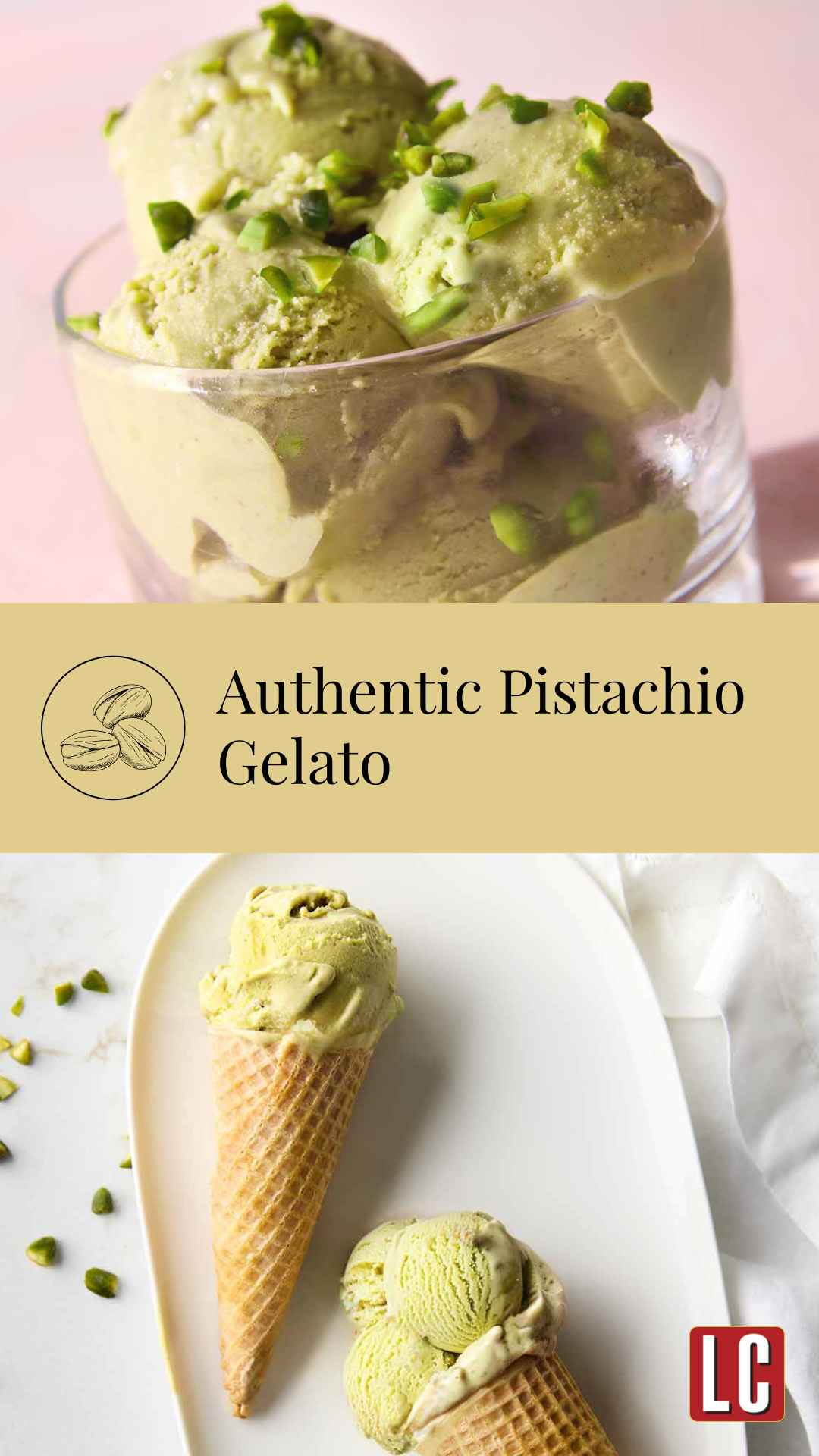 A bowl containing four scoops of pistachio gelato with chopped pistachios on top and a platter with two ice cream cones filled with pistachio gelato.