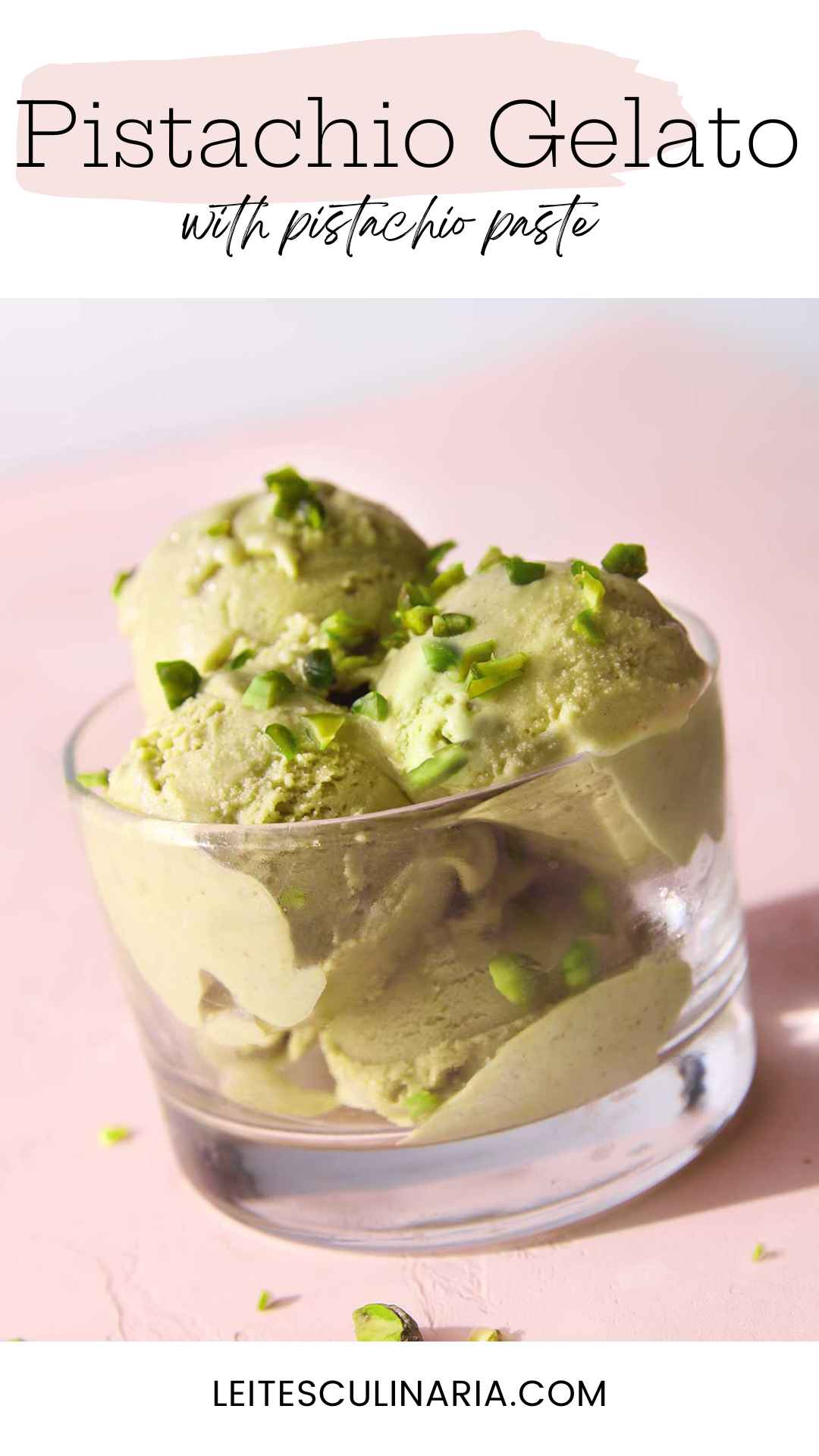 A bowl containing four scoops of pistachio gelato with chopped pistachios on top.