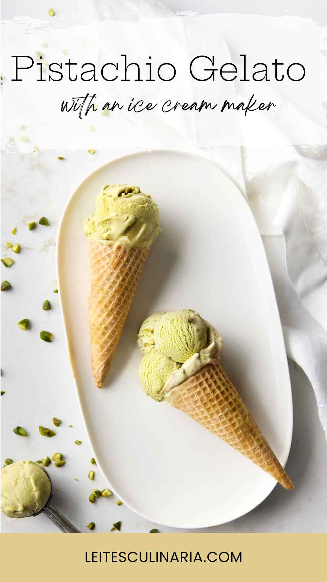 A platter with two ice cream cones filled with pistachio gelato.