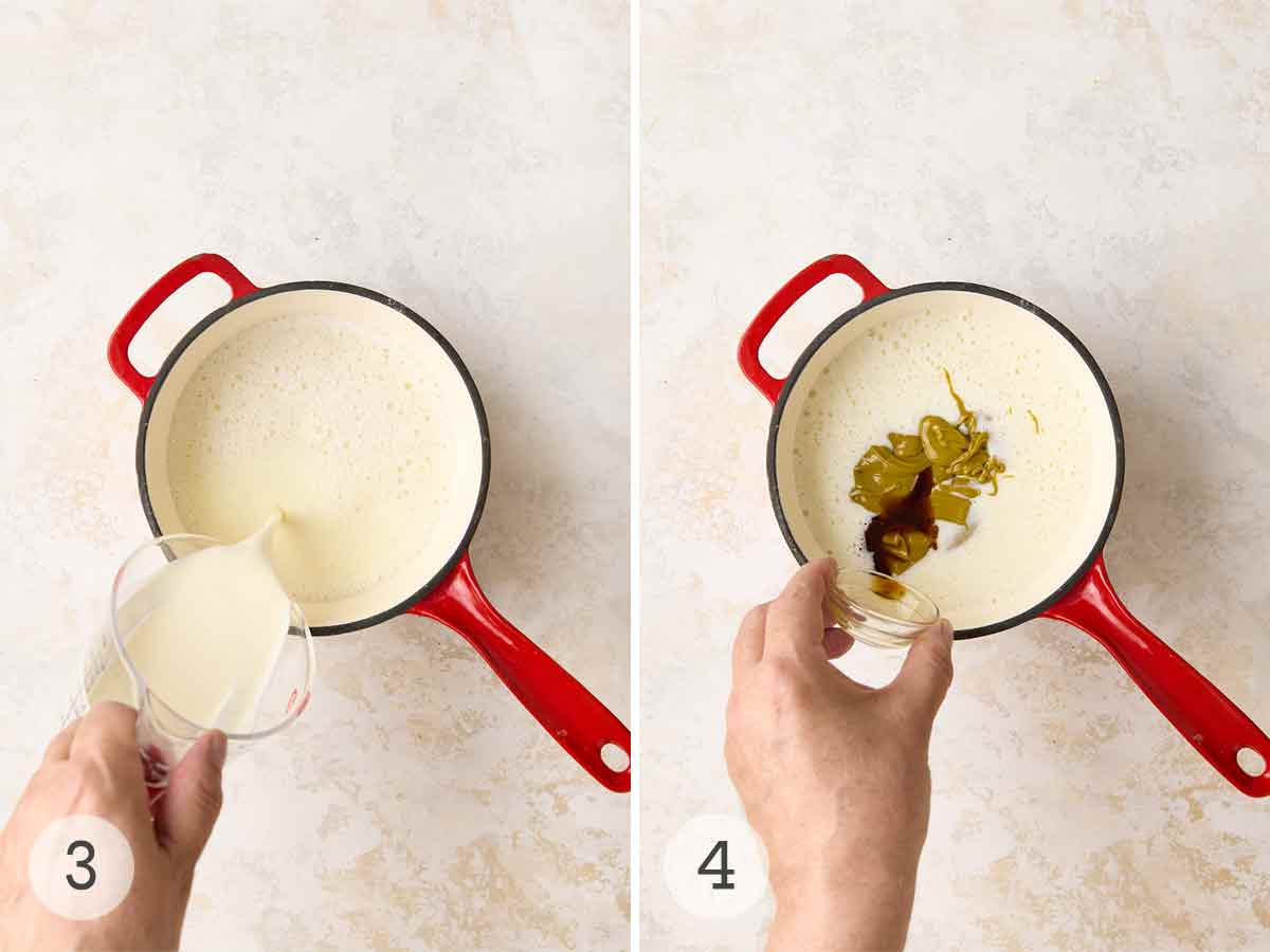 Cream being poured into a saucepan; vanilla and pistachio paste being added to the cream.