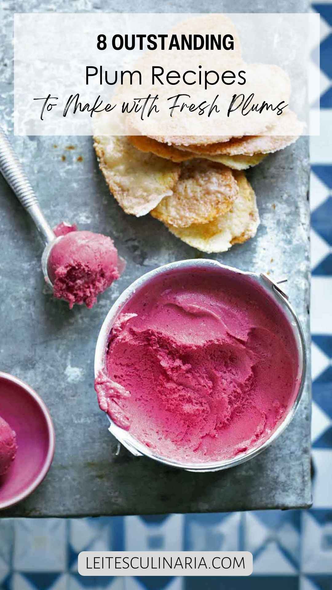 A pail of plum sorbet with a scoop of sorbet on the side.