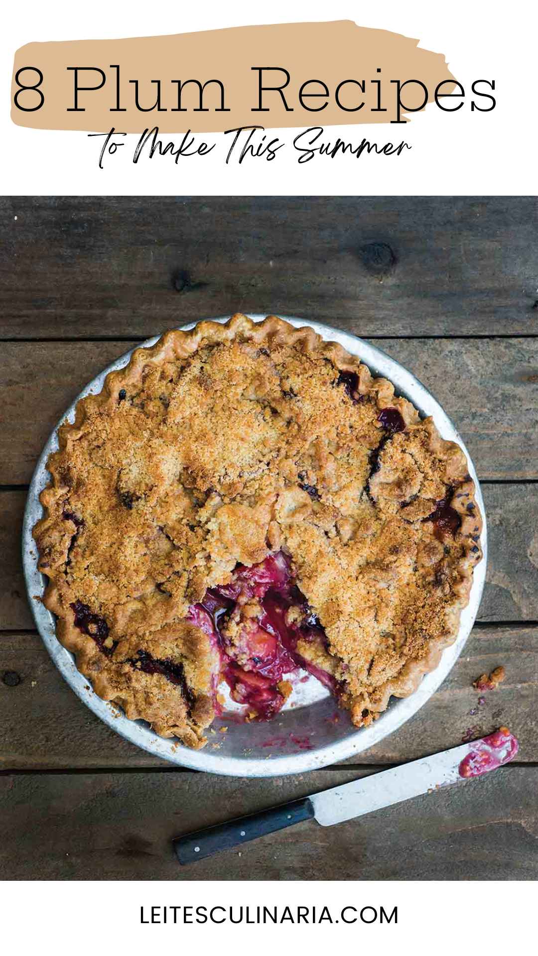 A plum crumble pie with a serving missing.