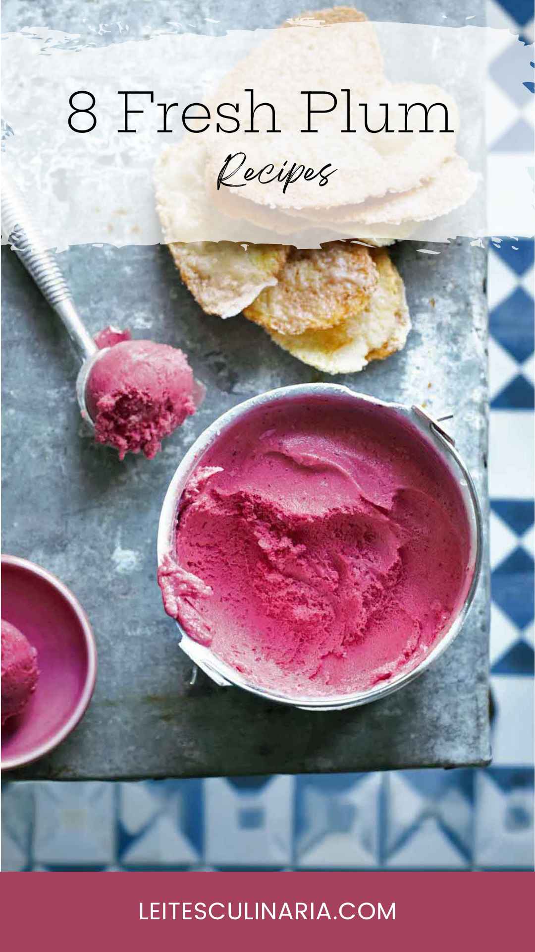 A pail of plum sorbet with a scoop of sorbet on the side.