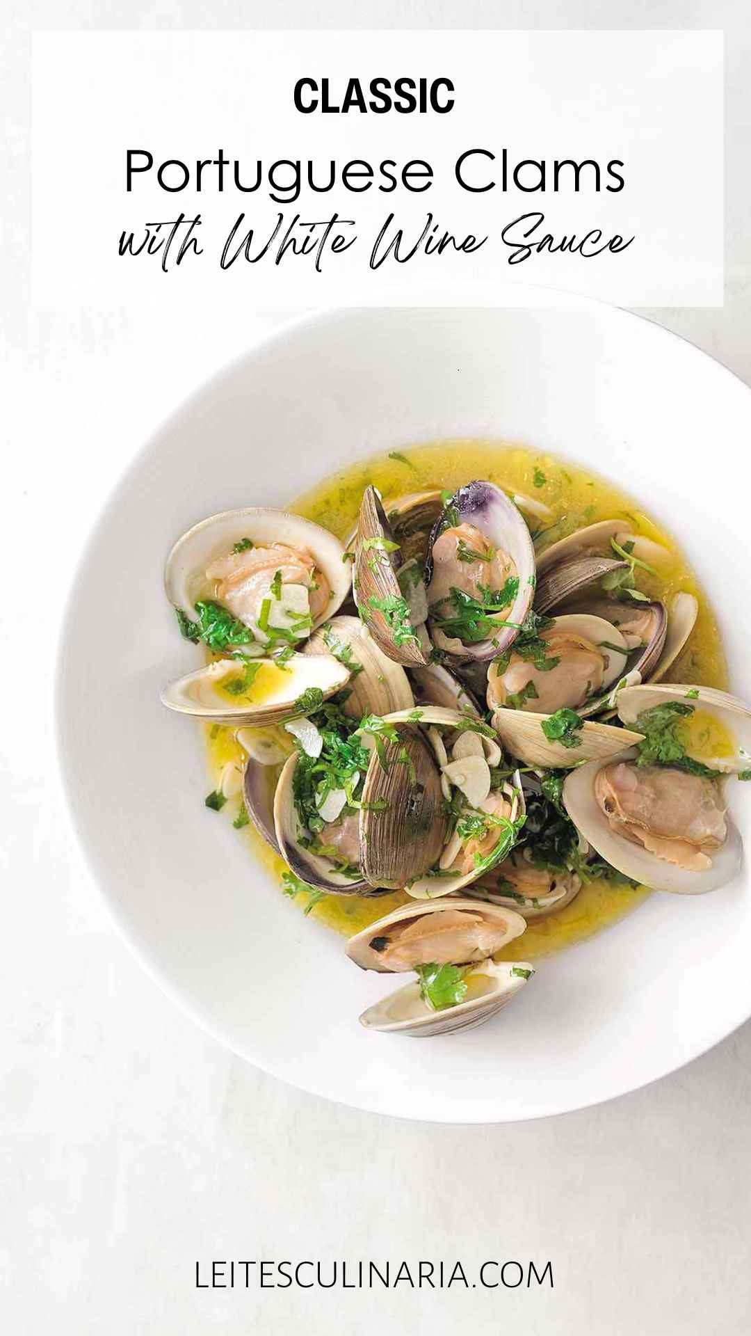A white bowl filled with clams in a white wine, garlic, and cilantro sauce.
