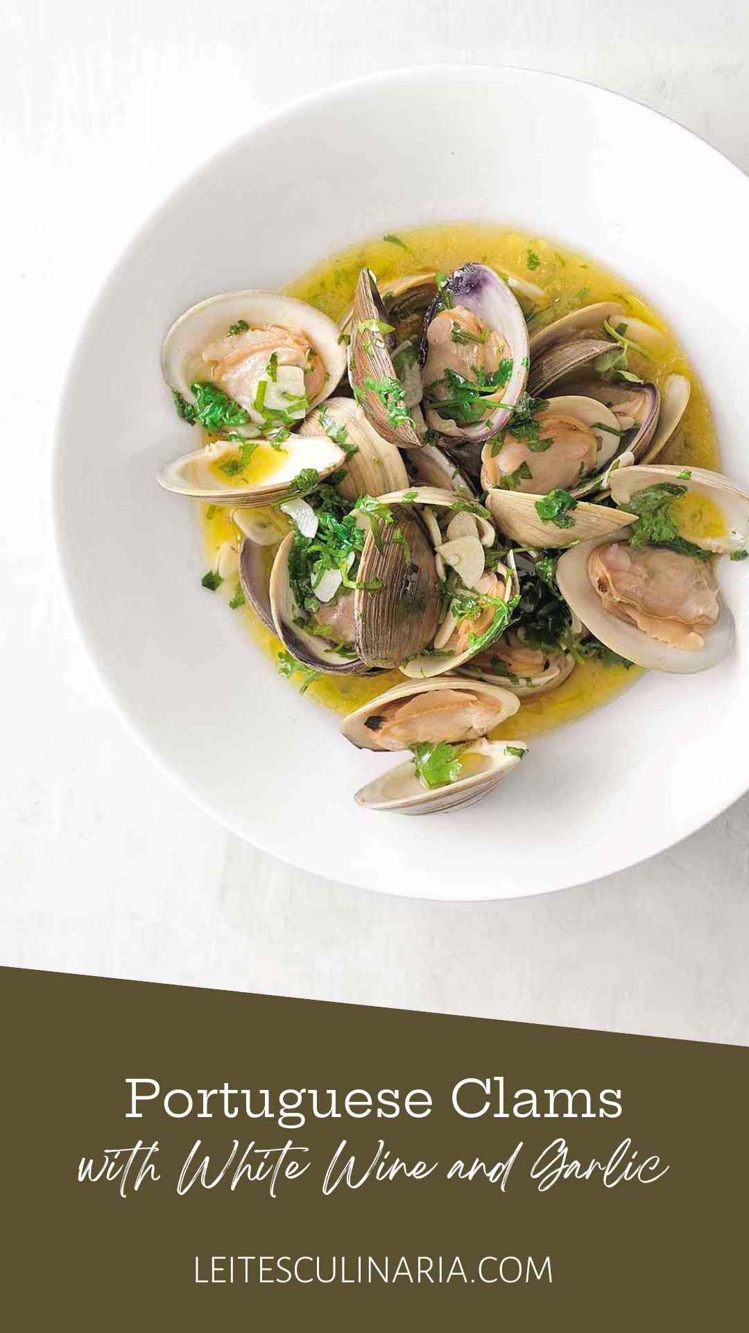 A white bowl filled with clams in a white wine, garlic, and cilantro sauce.