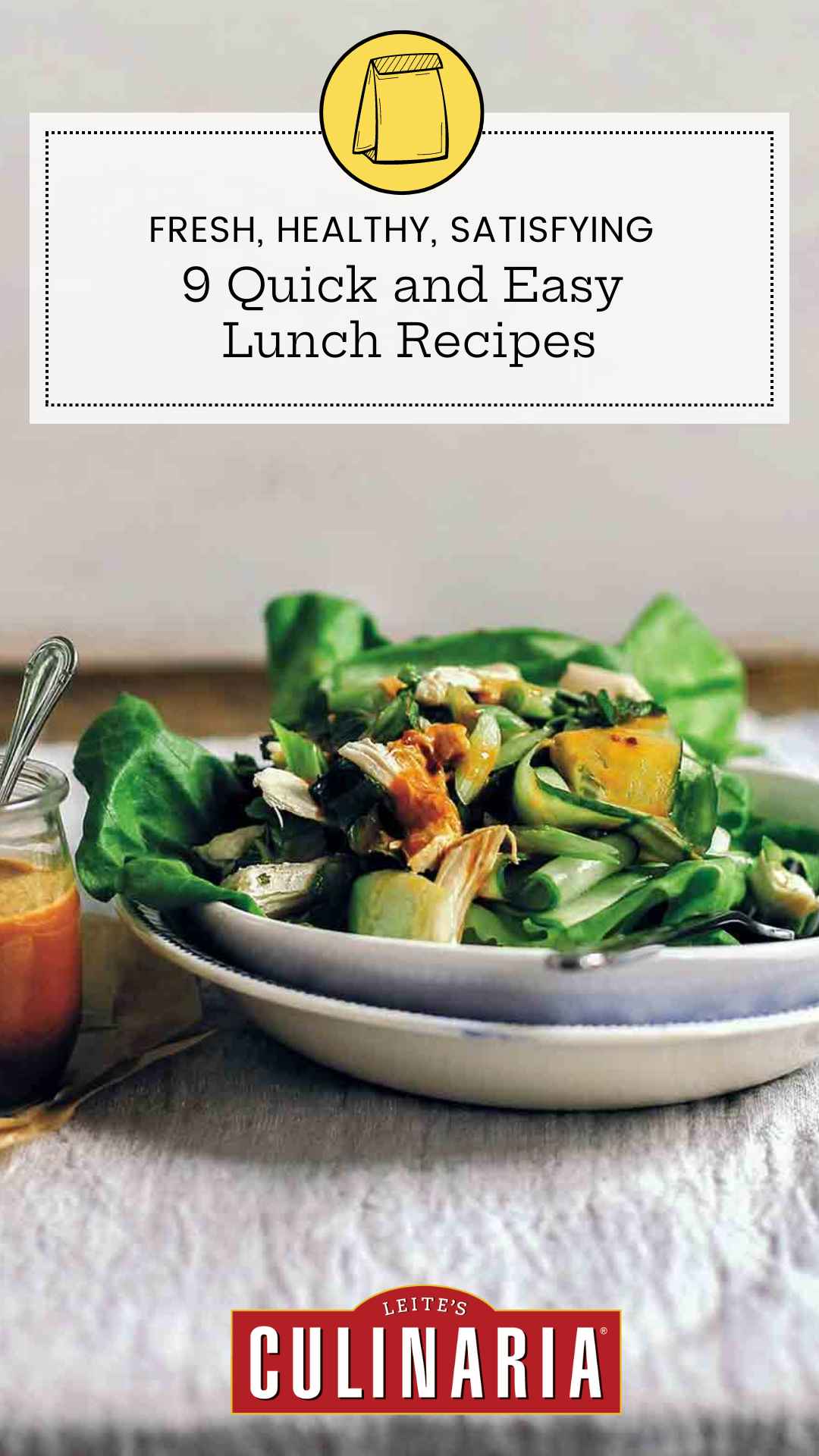 A bowl of chicken salad with a jar of dressing on the side.