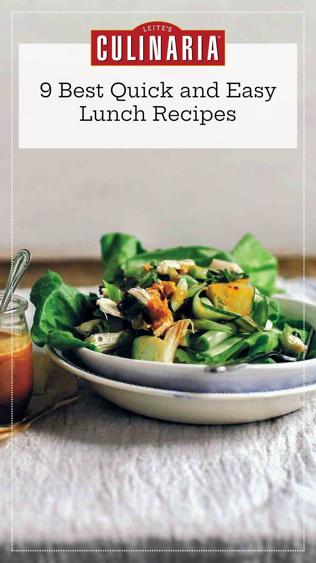 A bowl of chicken salad with a jar of dressing on the side.