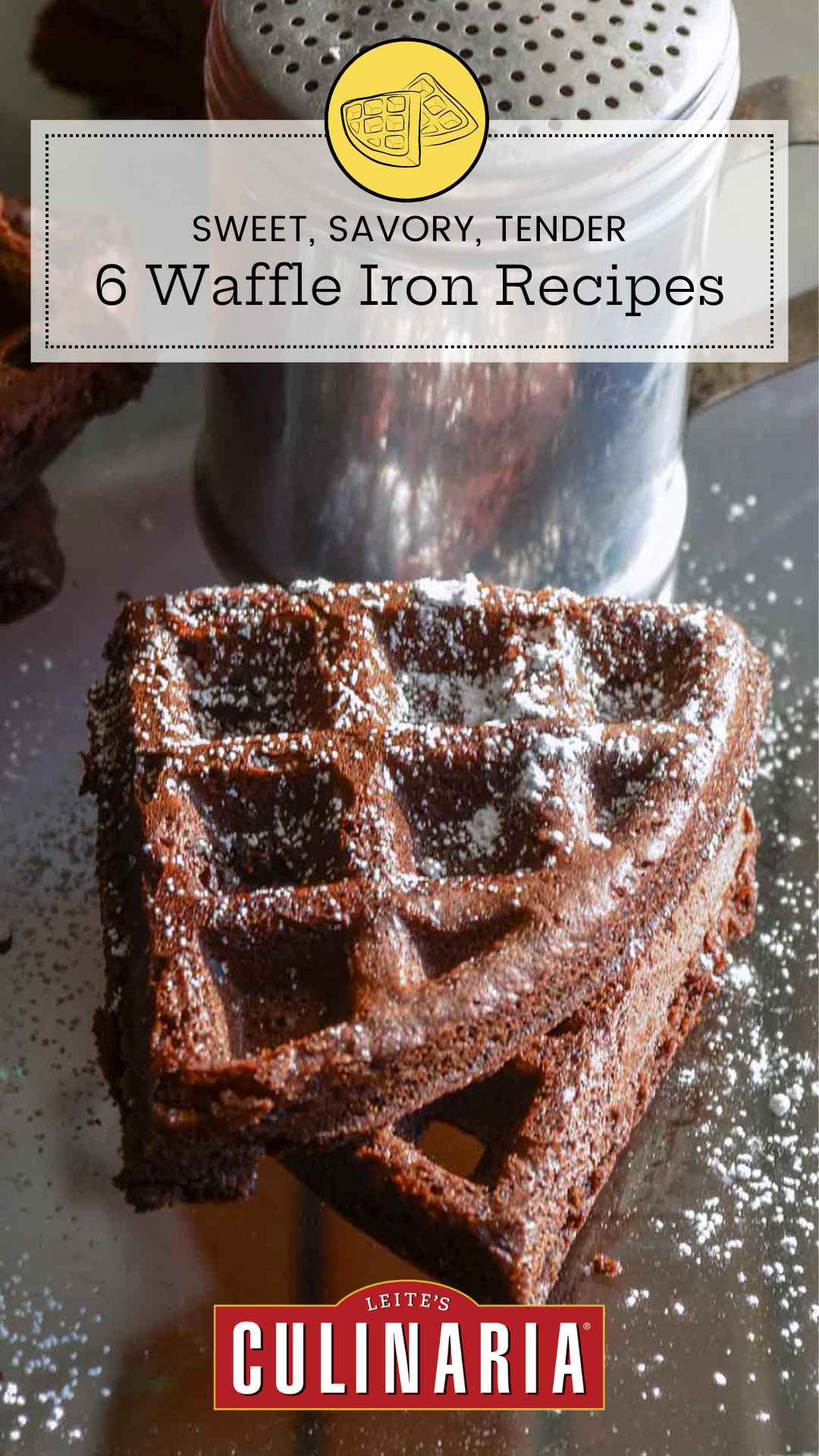 Two dark chocolate waffles dusted with confectioners' sugar.