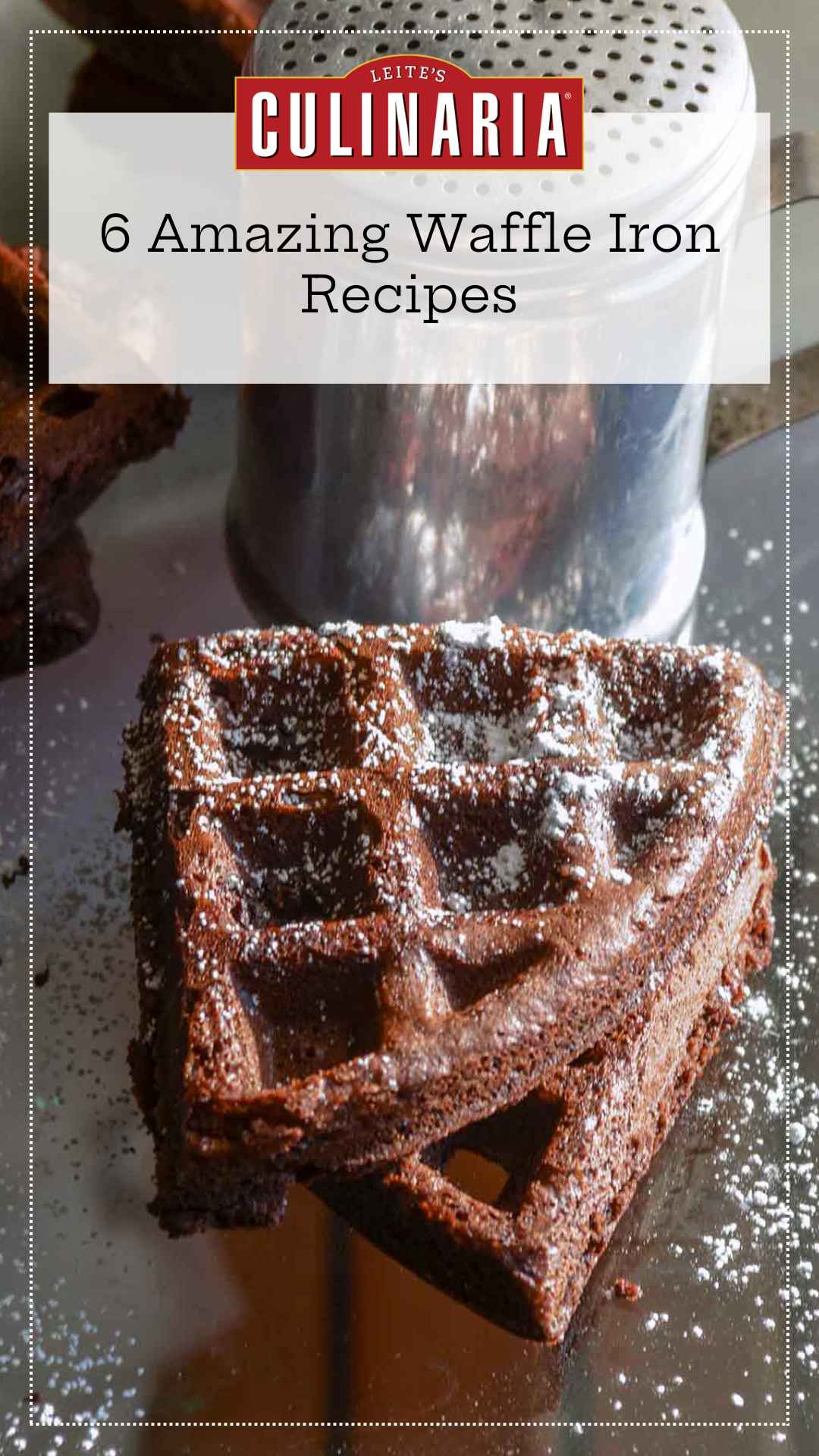 Two dark chocolate waffles dusted with confectioners' sugar.