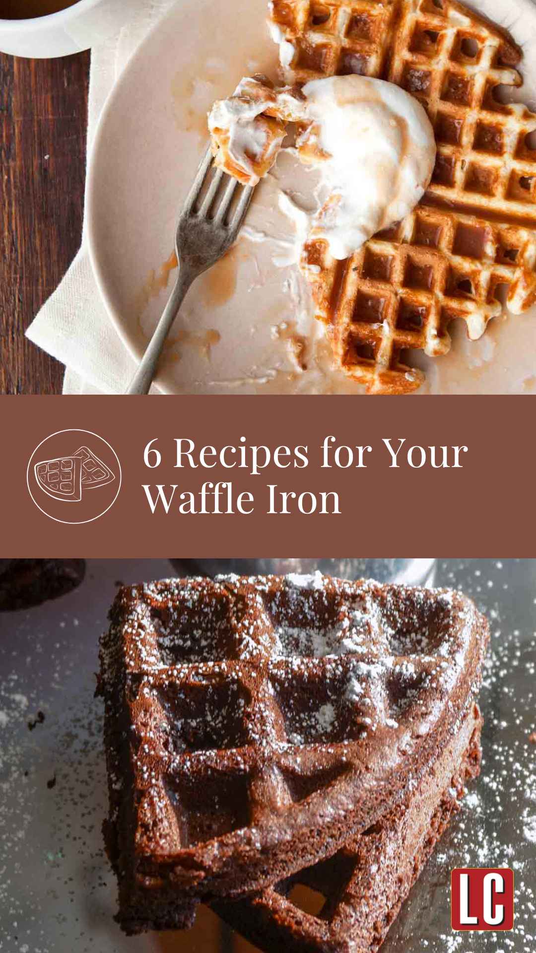 Two dark chocolate waffles dusted with confectioners' sugar and a partially eaten waffle topped with whipped cream and caramel sauce.