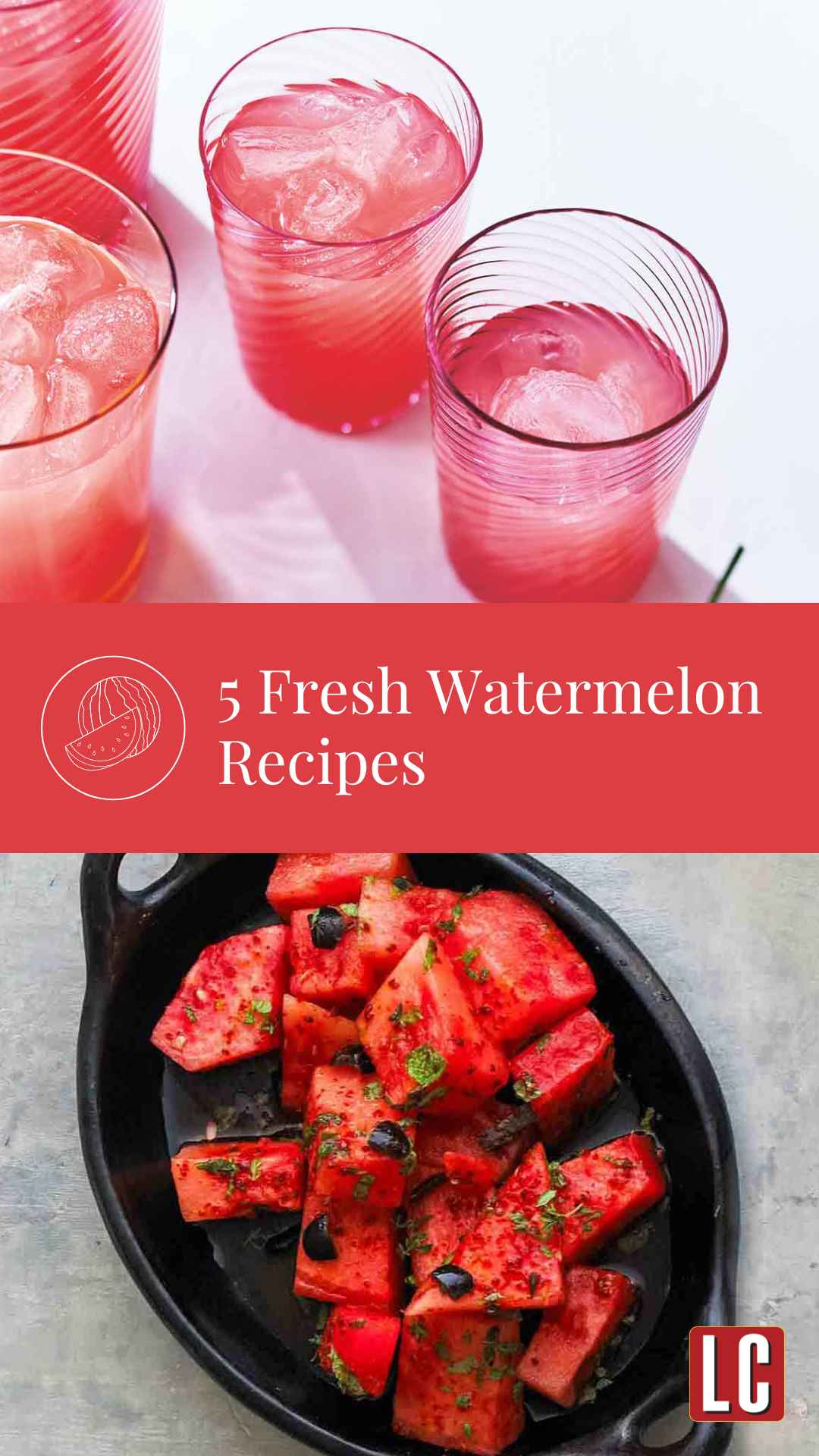 Several glasses of watermelon lemonade and a black dish filled with cubed watermelon salad, olives, and mint leaves.