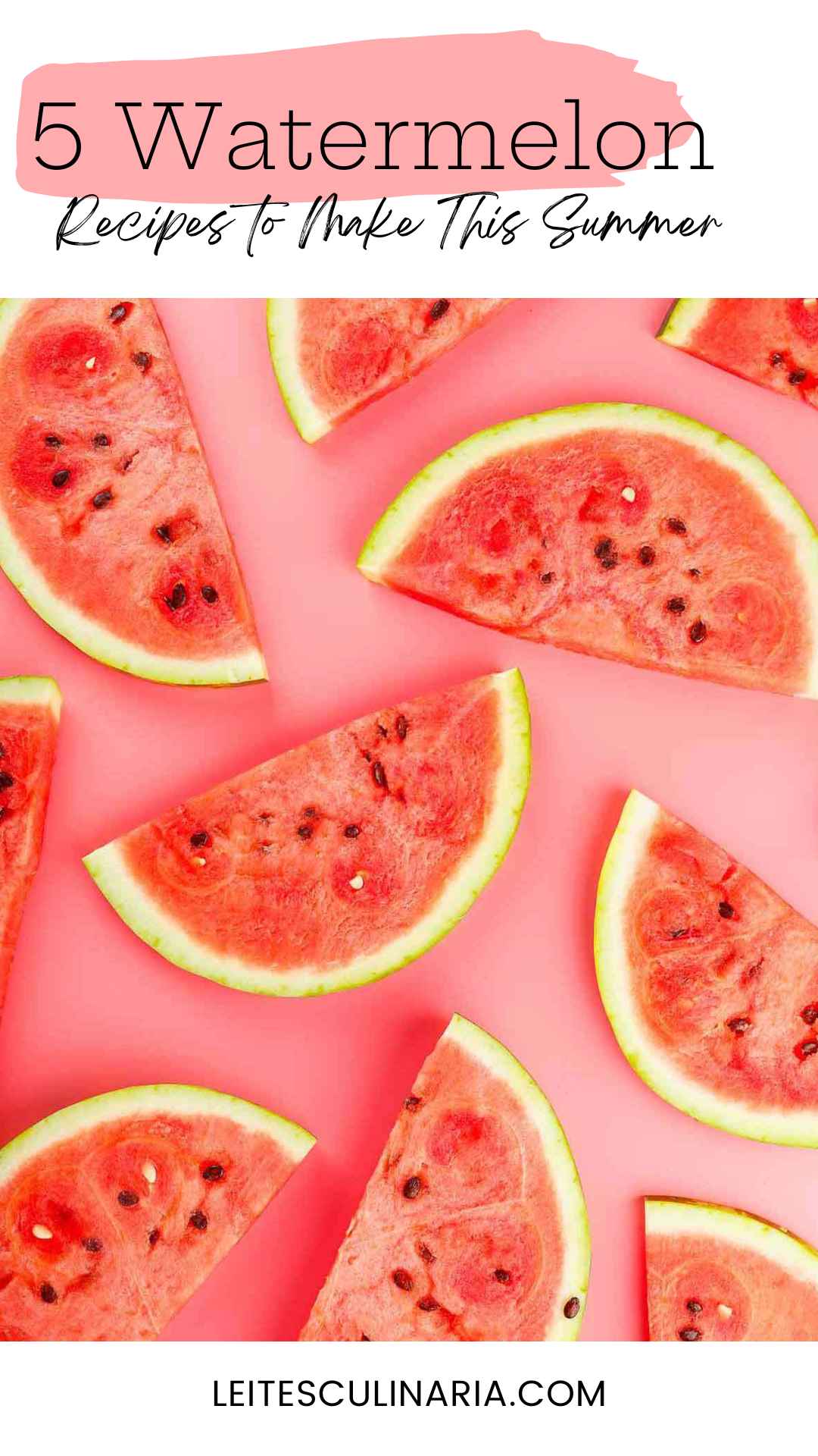 Half-moon slices of watermelon on a pink background.