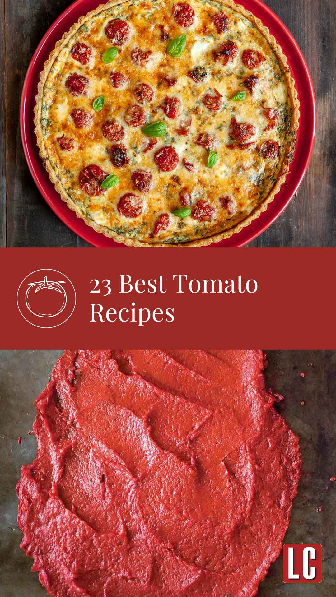 A whole cherry tomato tart on a red plate and a layer of tomato paste smeared on a dark background.