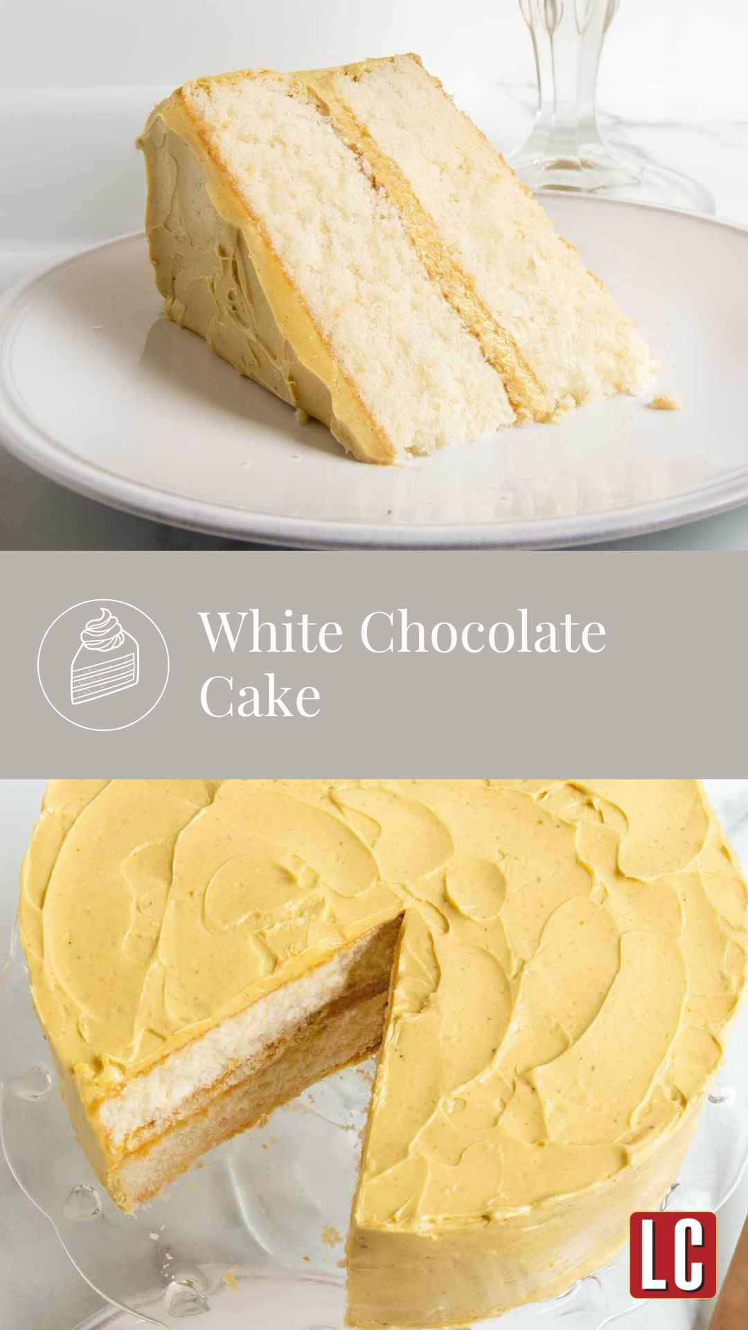 A frosted two layer white chocolate cake on a cake stand with one slice cut from it on a plate nearby.