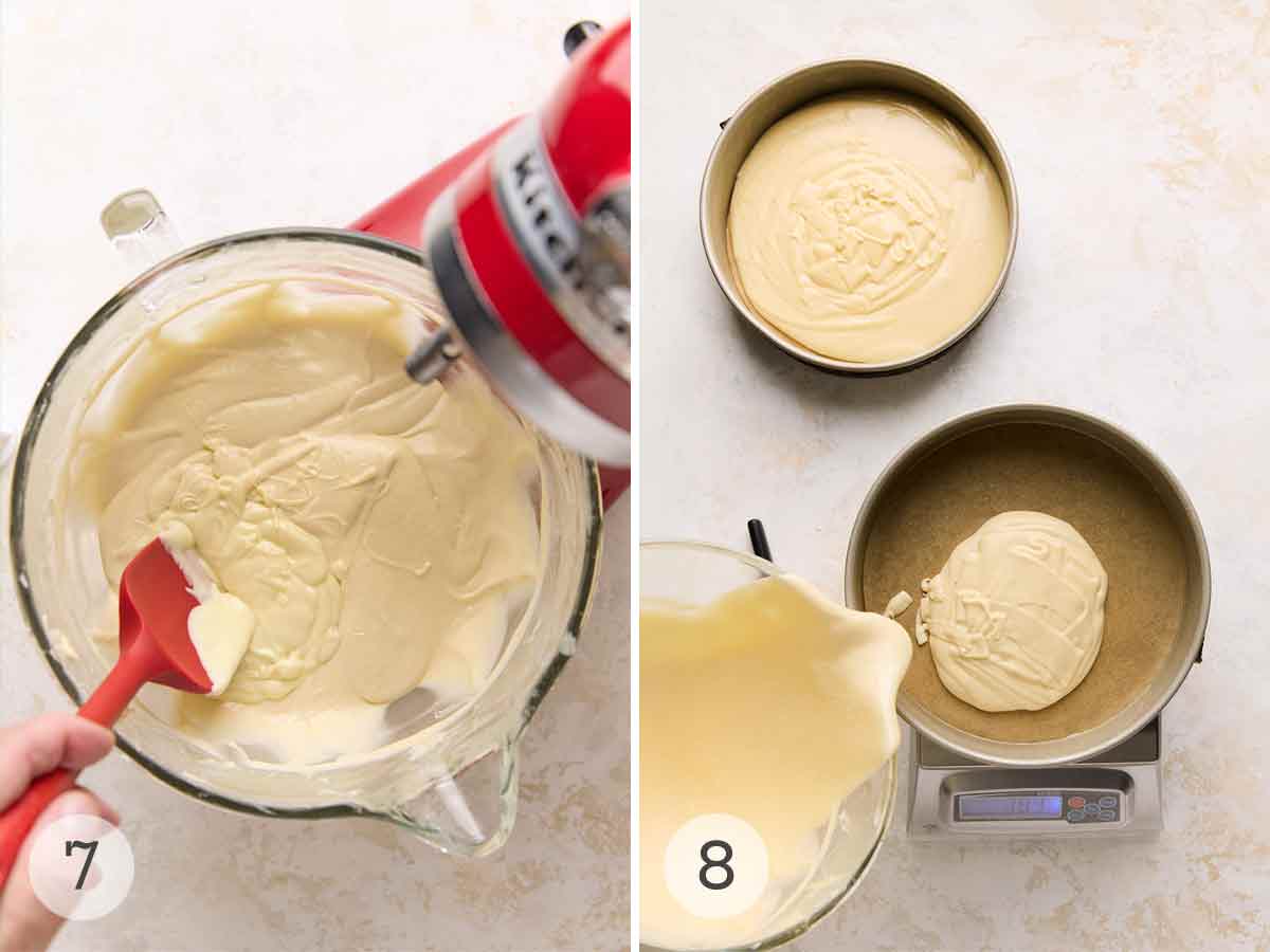 Melted white chocolate being mixed into cake batter; batter being divided between two cake pans.
