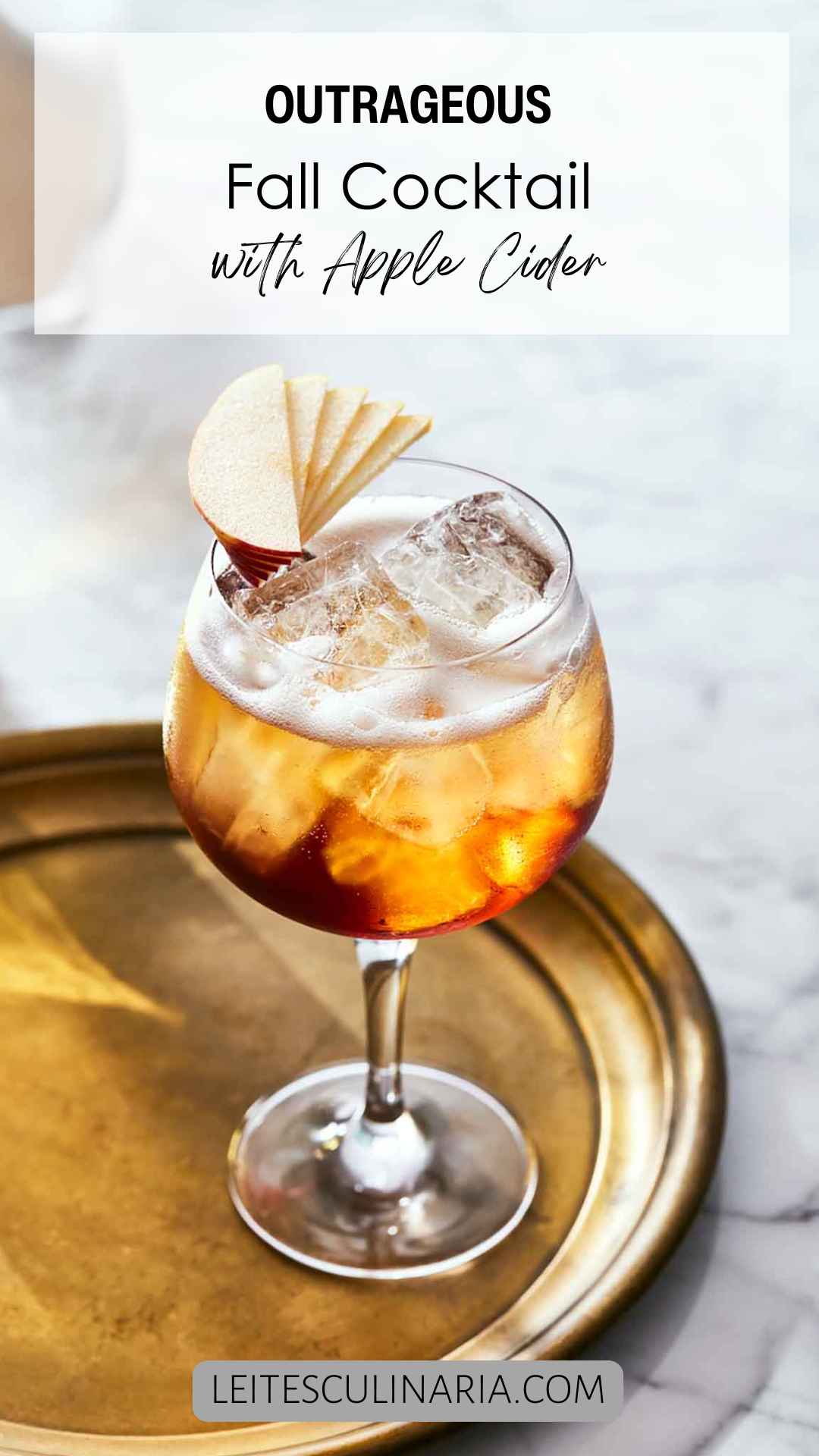 A wine glass filled with a fizzy cocktail and ice cubes, topped with apple slices.