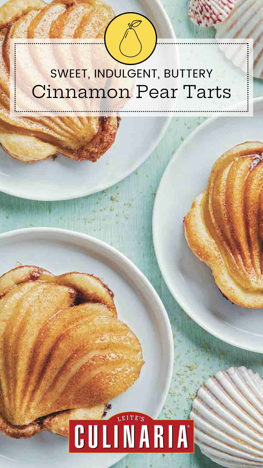 Three individual pear tarts with puff pastry on white plates.